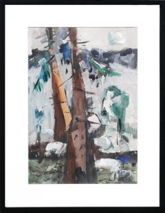 Vintage "Tree and Moon" Blue and Green Toned Abstract Impressionist Forest Painting