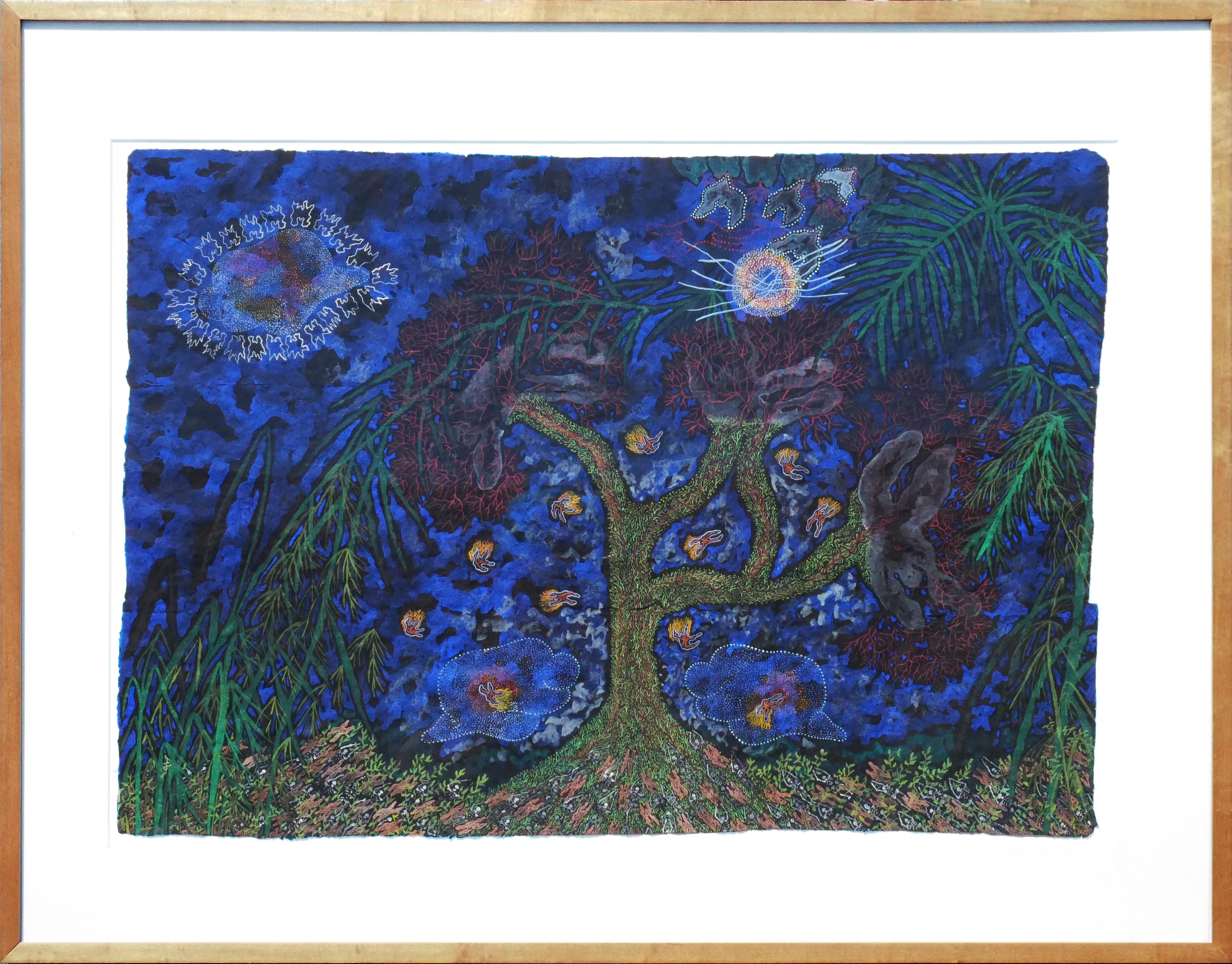 Dee Wolff Abstract Drawing - "Tree of Life, Tree of Death" Blue-Toned Abstract Painting of a Tree and Figures