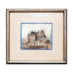 Modern Abstract Neutral-Toned Watercolor Landscape of a Spacious House