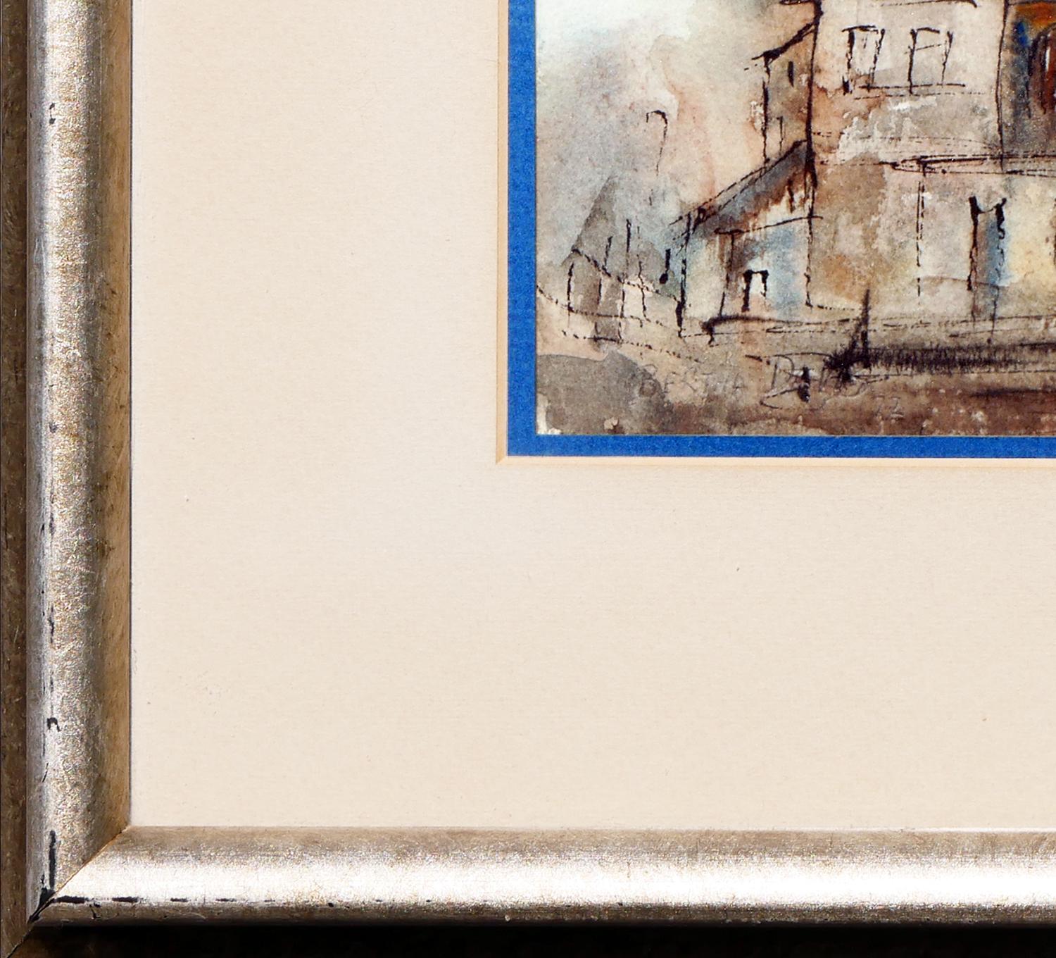 Modern abstract watercolor drawing of a house by Texas artist Bertha Davis. The work features a loosely rendered neutral-toned depiction of a spacious house with blue accents. Signed and dated by the artist in the front lower left corner. Currently