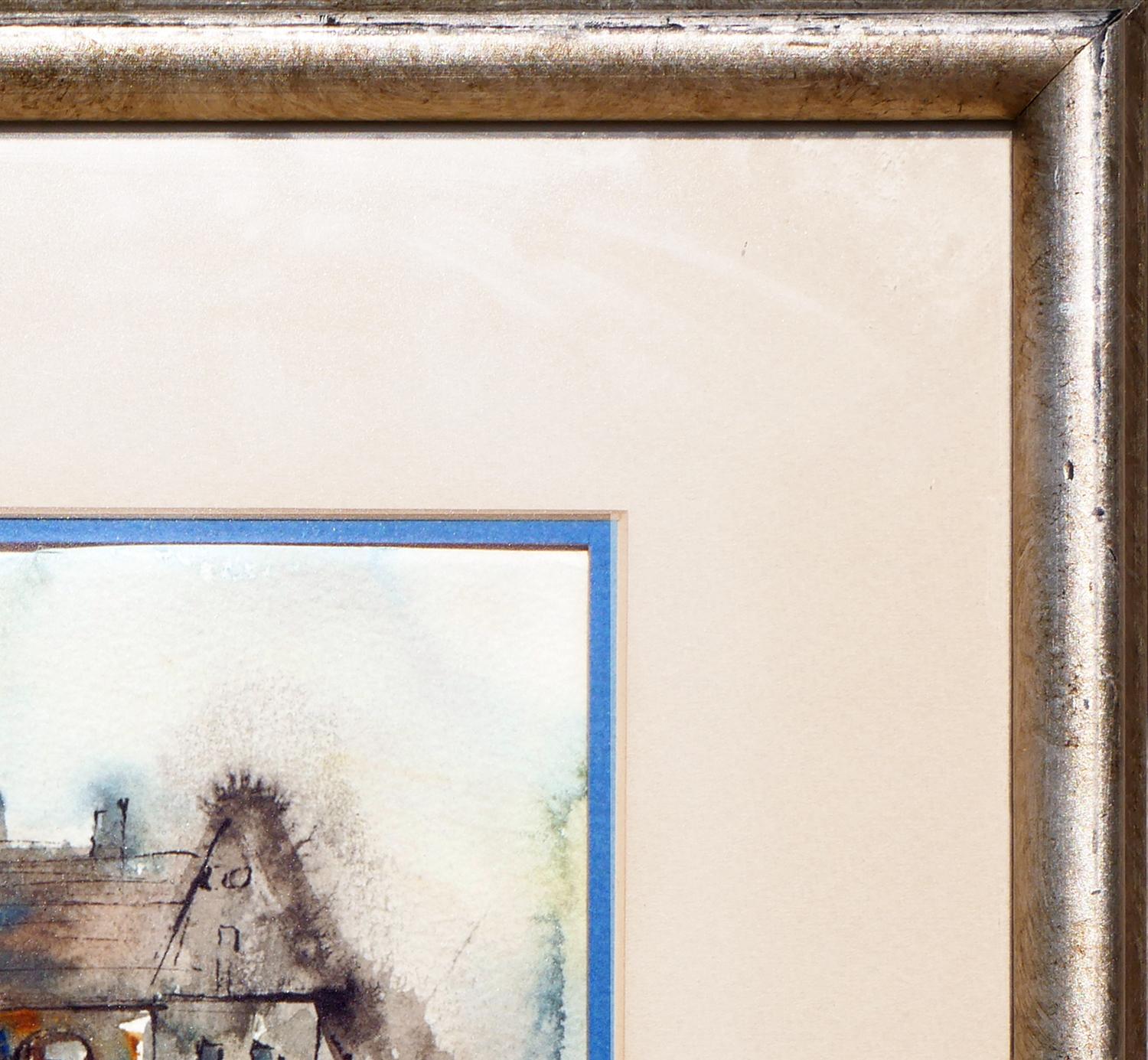 Moderne abstrakte Aquarellzeichnung eines Hauses von der texanischen Künstlerin Bertha Davis. Das Werk zeigt eine locker gezeichnete, neutral getönte Darstellung eines geräumigen Hauses mit blauen Akzenten. Signiert und datiert vom Künstler in der