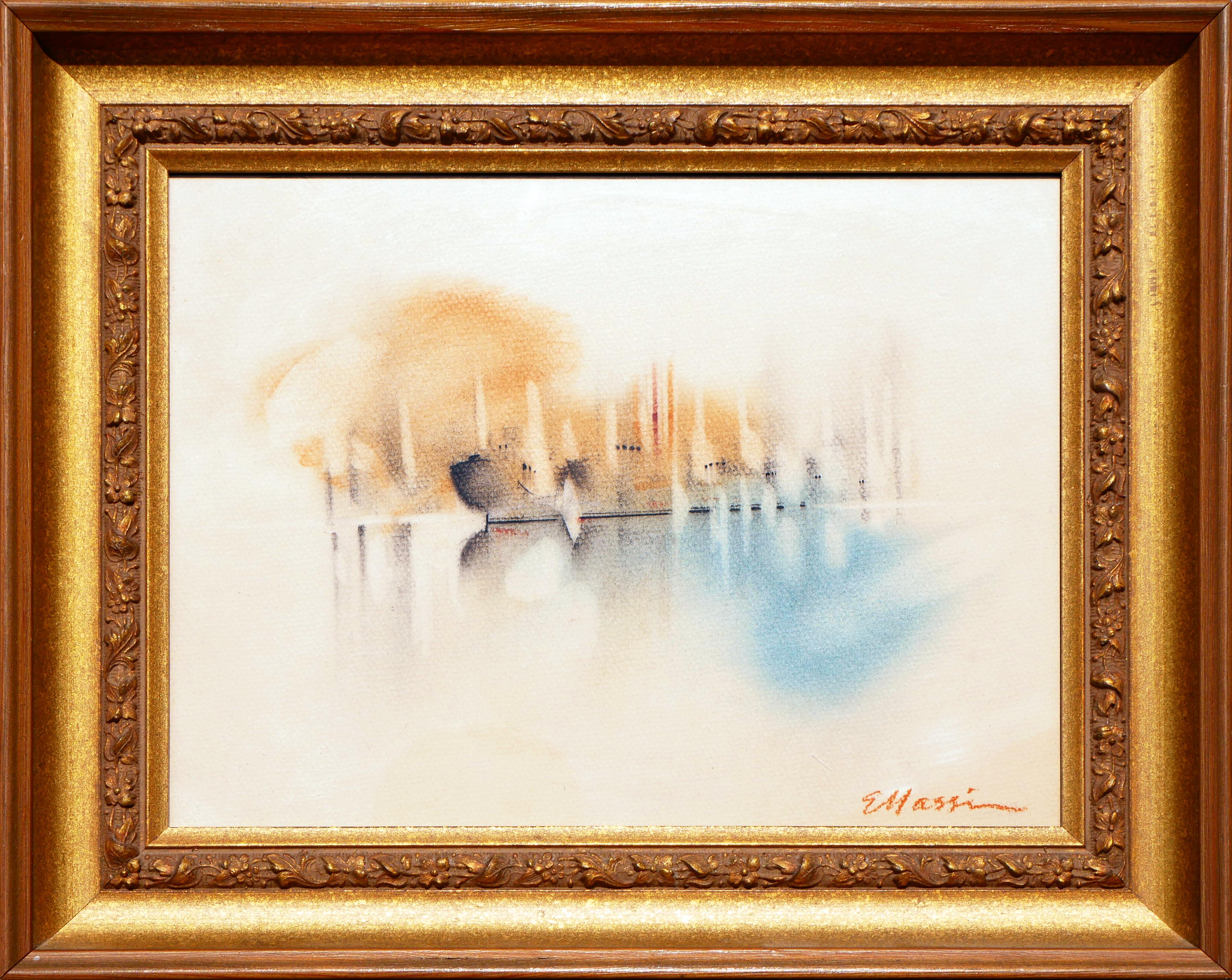 Eugene Massin Abstract Drawing - Modern Orange and Blue Toned Minimal Abstract Landscape Pastel Drawing