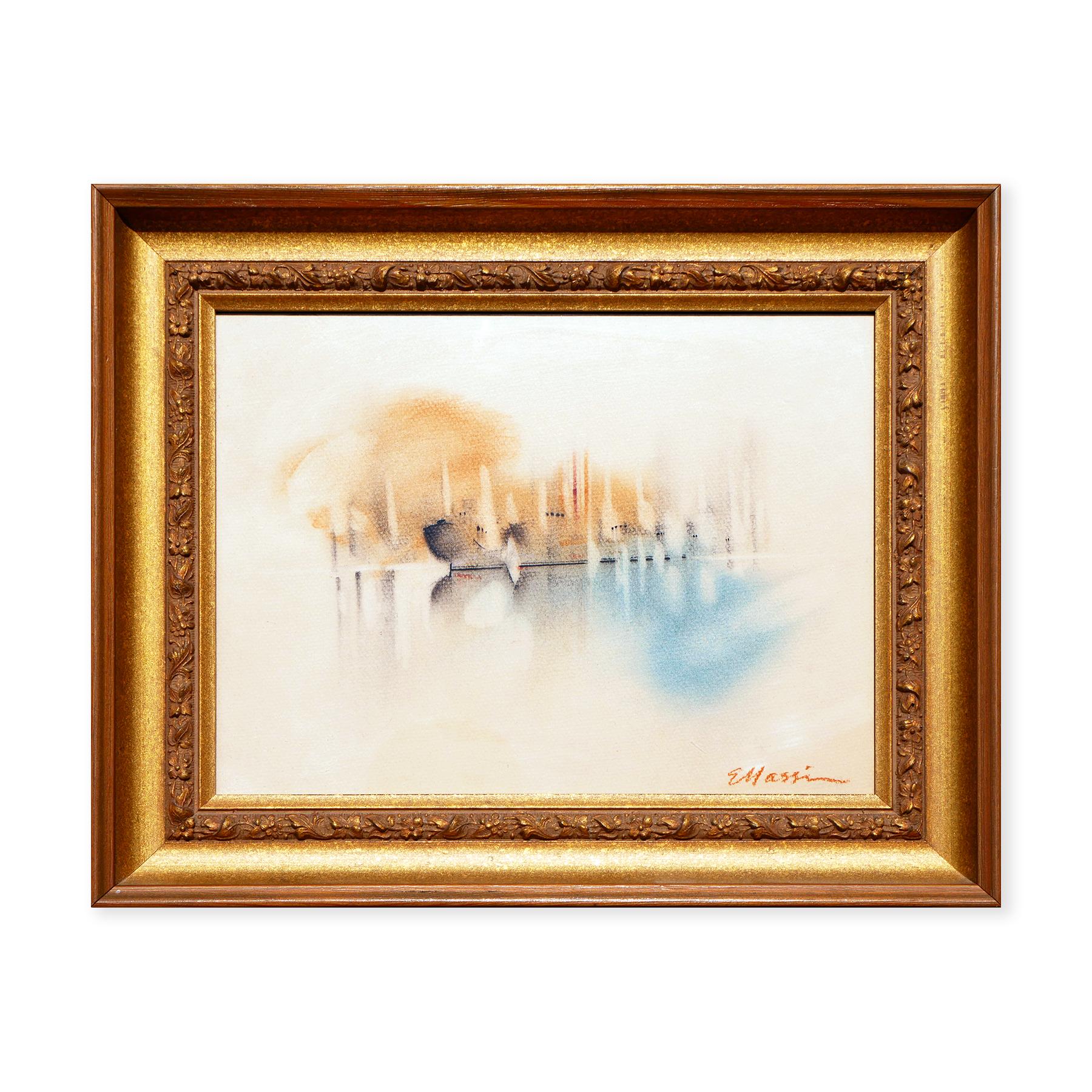 Modern Orange and Blue Toned Minimal Abstract Landscape Pastel Drawing - Art by Eugene Massin