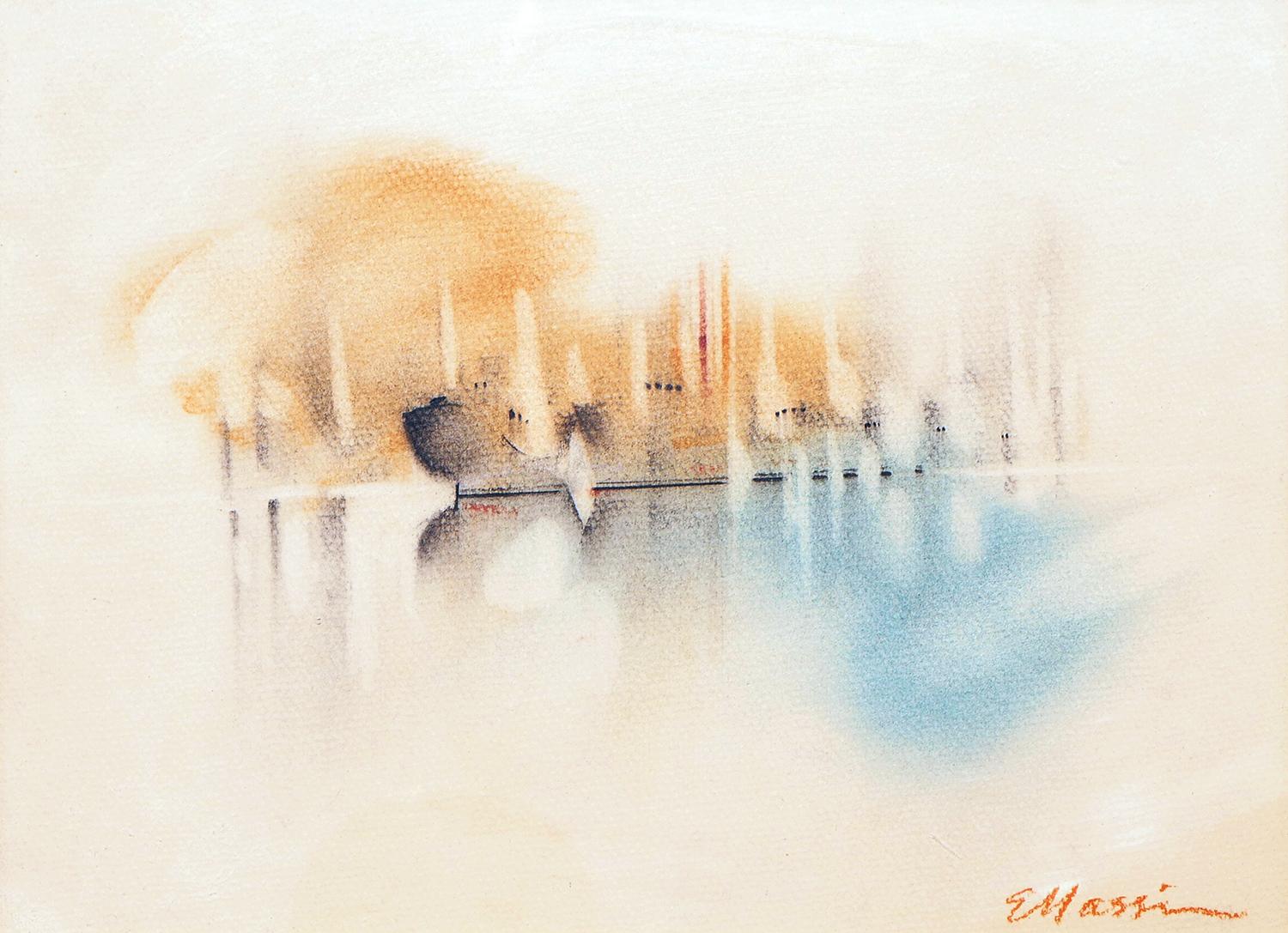 Modern Orange and Blue Toned Minimal Abstract Landscape Pastel Drawing 2