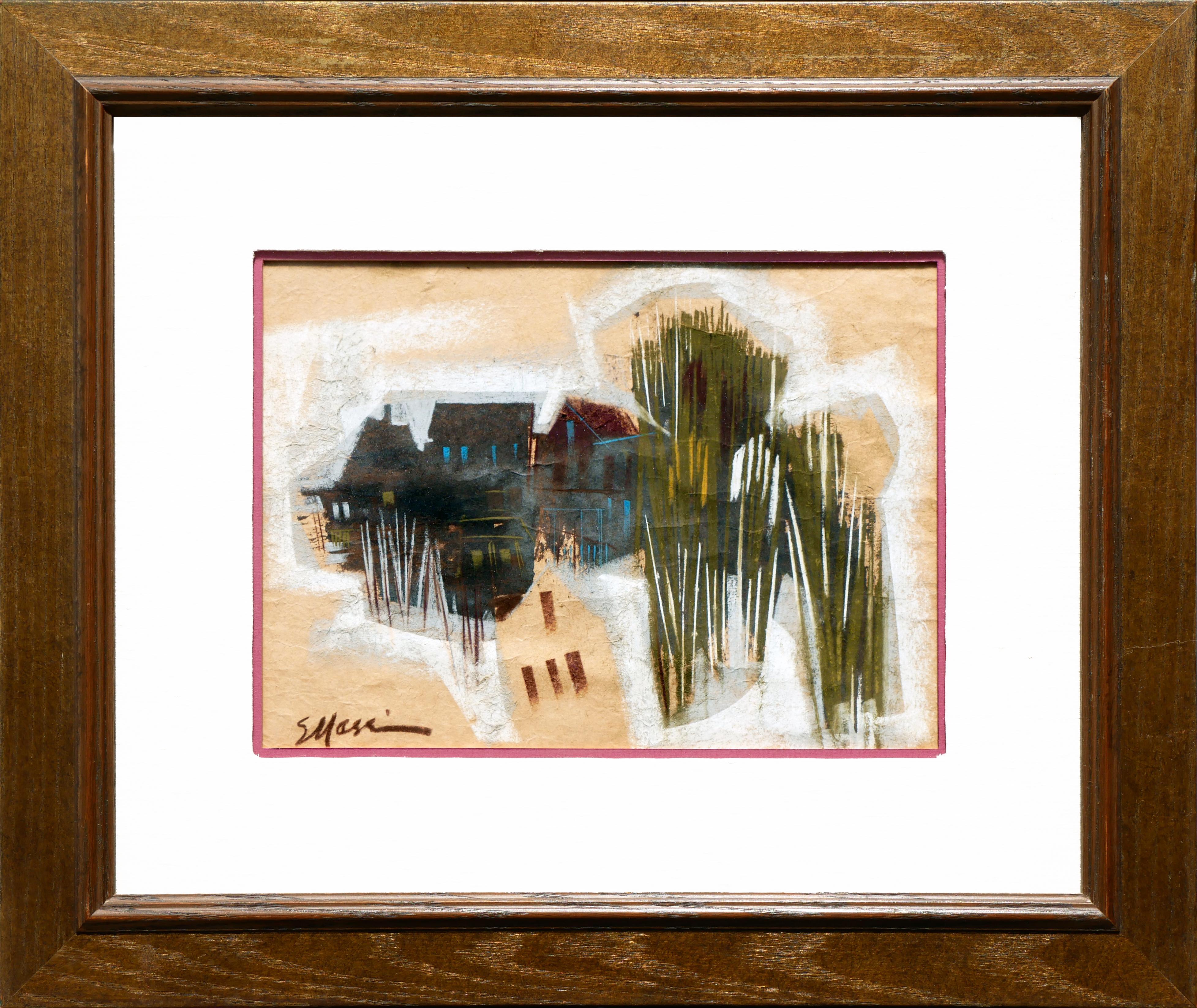 Eugene Massin Abstract Drawing - Dark Toned Modern Abstract Angular Landscape Drawing of a Small City or Village