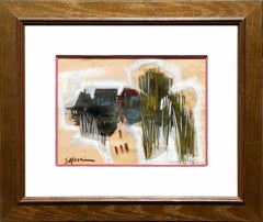 Disegno di paesaggio astratto e angolare di una piccola città o di un villaggio, dai toni scuri.