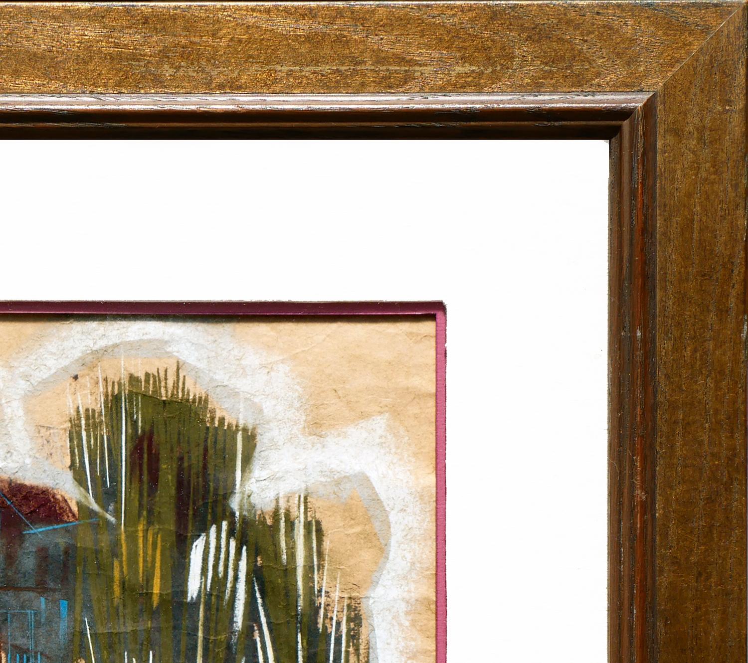 Disegno di paesaggio astratto e angolare di una piccola città o di un villaggio, dai toni scuri. - Abstract Drawing Marrone di Eugene Massin