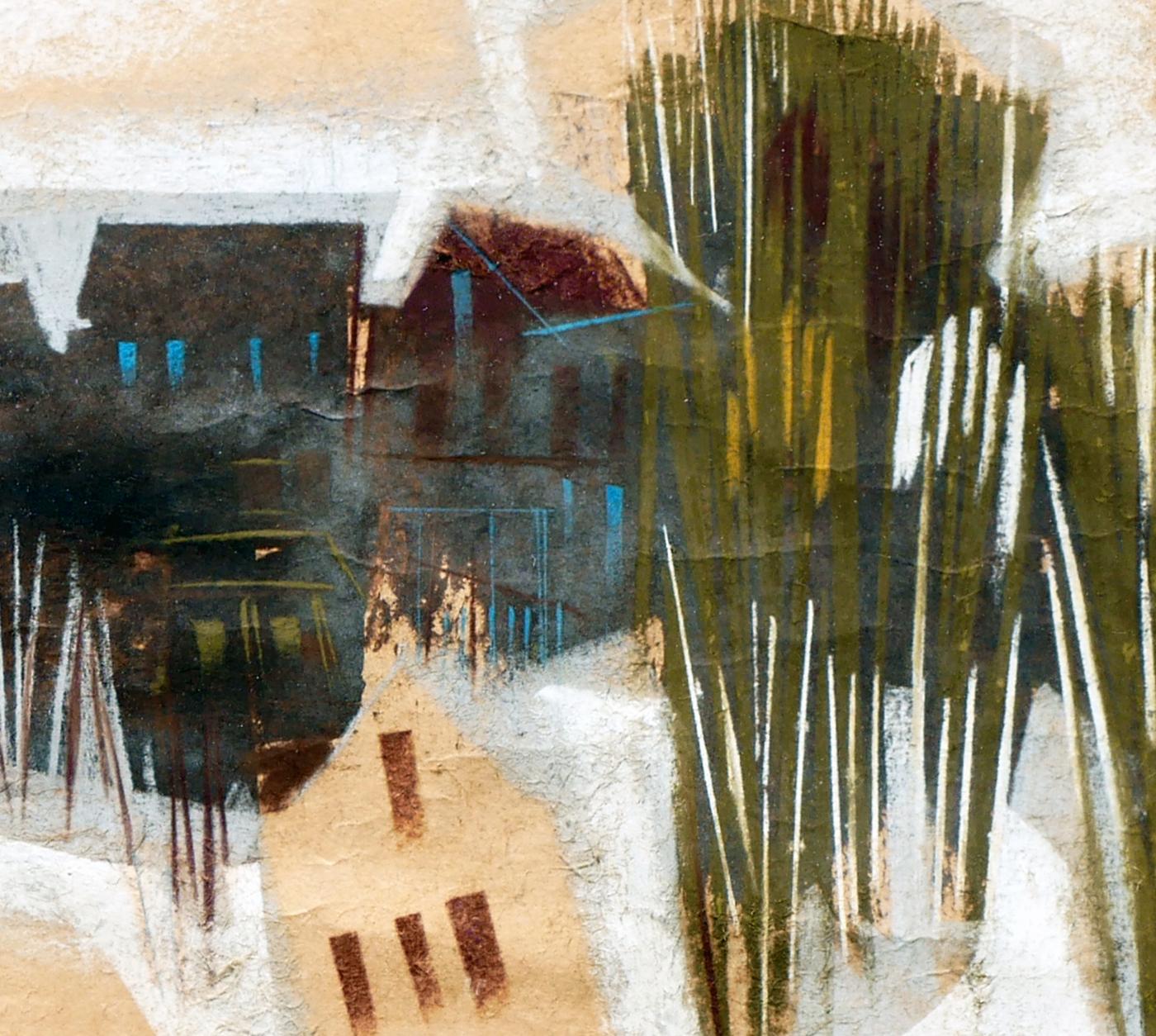Dark Toned Modern Abstract Angular Landscape Drawing of a Small City or Village For Sale 3