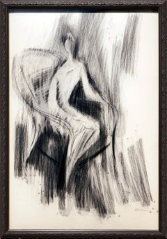 Dessin figuratif abstrait moderne et abstrait au fusain d'une femme dans une chaise paon