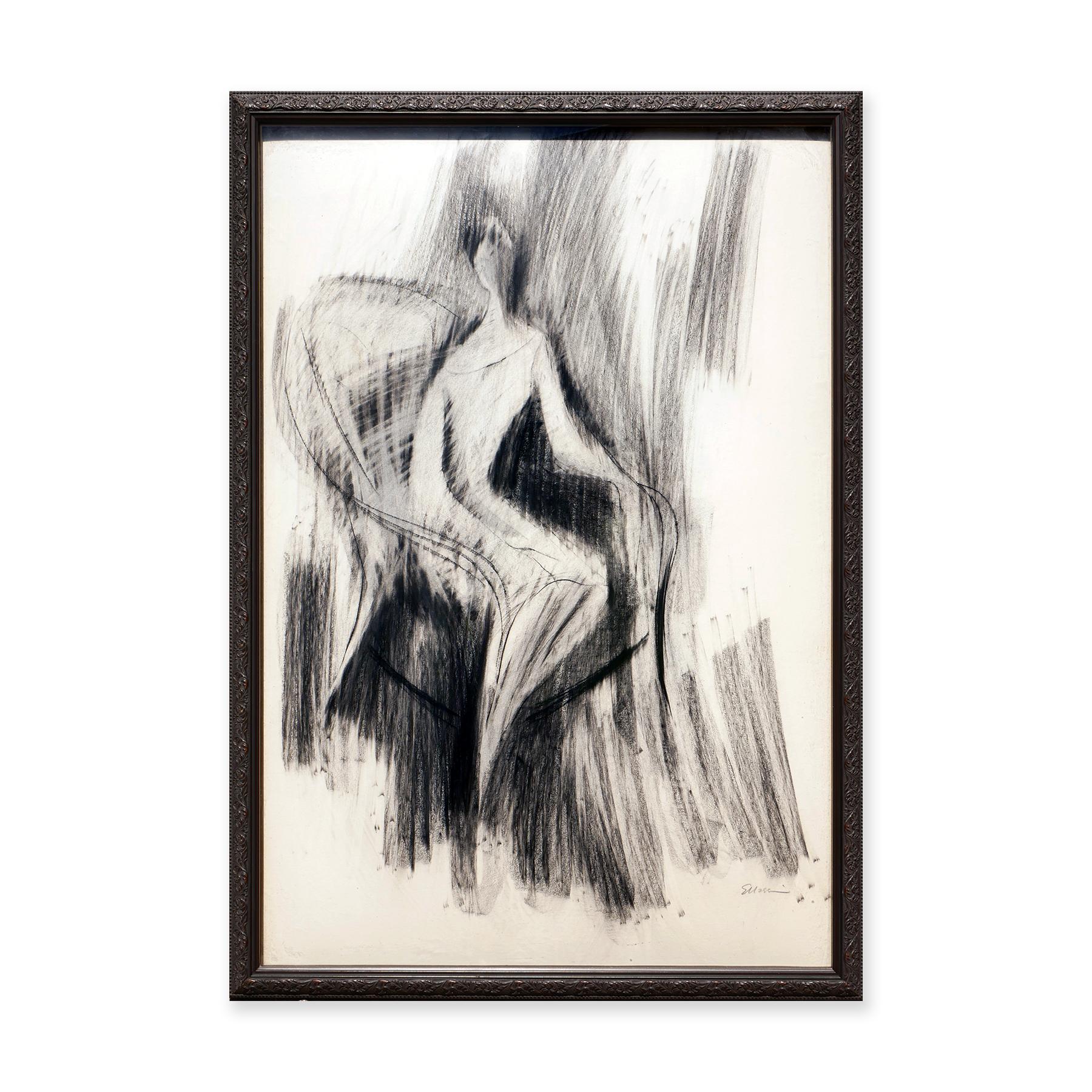 Dessin figuratif abstrait moderne et abstrait au fusain d'une femme dans une chaise paon - Art de Eugene Massin