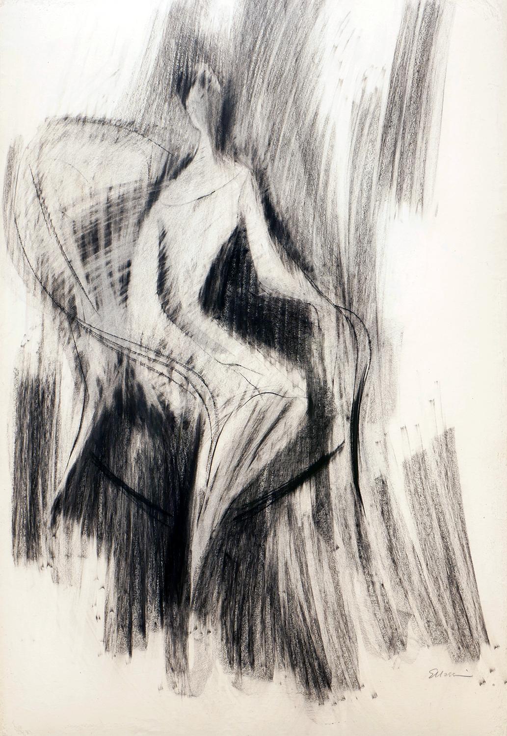 Modern abstract figurative charcoal drawing of a woman by Texas-born artist Eugene Massin. The work features a central loosely rendered female figure seated in a high-backed peacock chair. Signed by artist in pencil in front lower right corner.