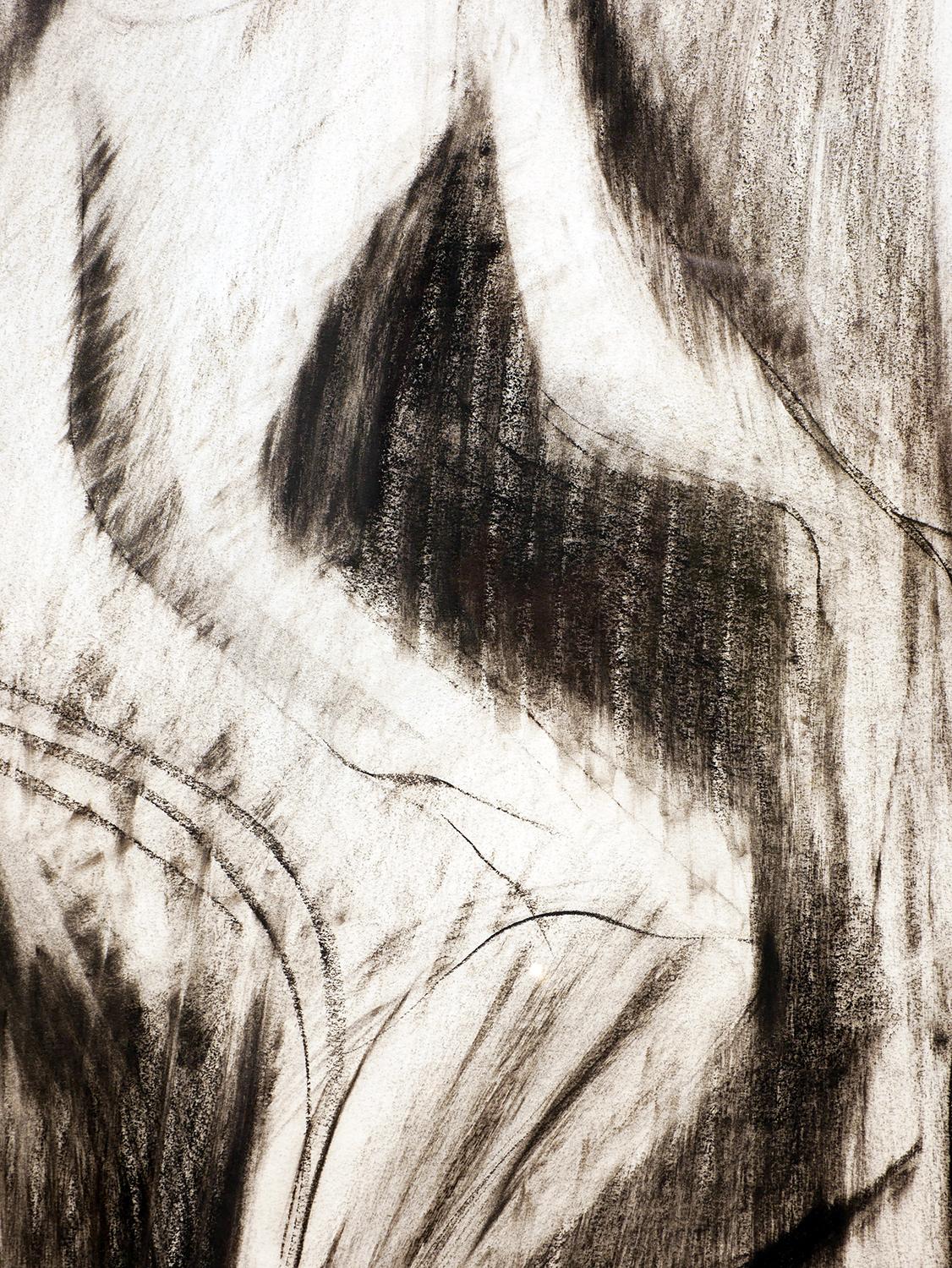 Dessin figuratif abstrait moderne au fusain d'une femme par l'artiste Eugene Massin, originaire du Texas. L'œuvre présente une figure féminine centrale au rendu lâche, assise dans une chaise à haut dossier en forme de paon. Signé par l'artiste au
