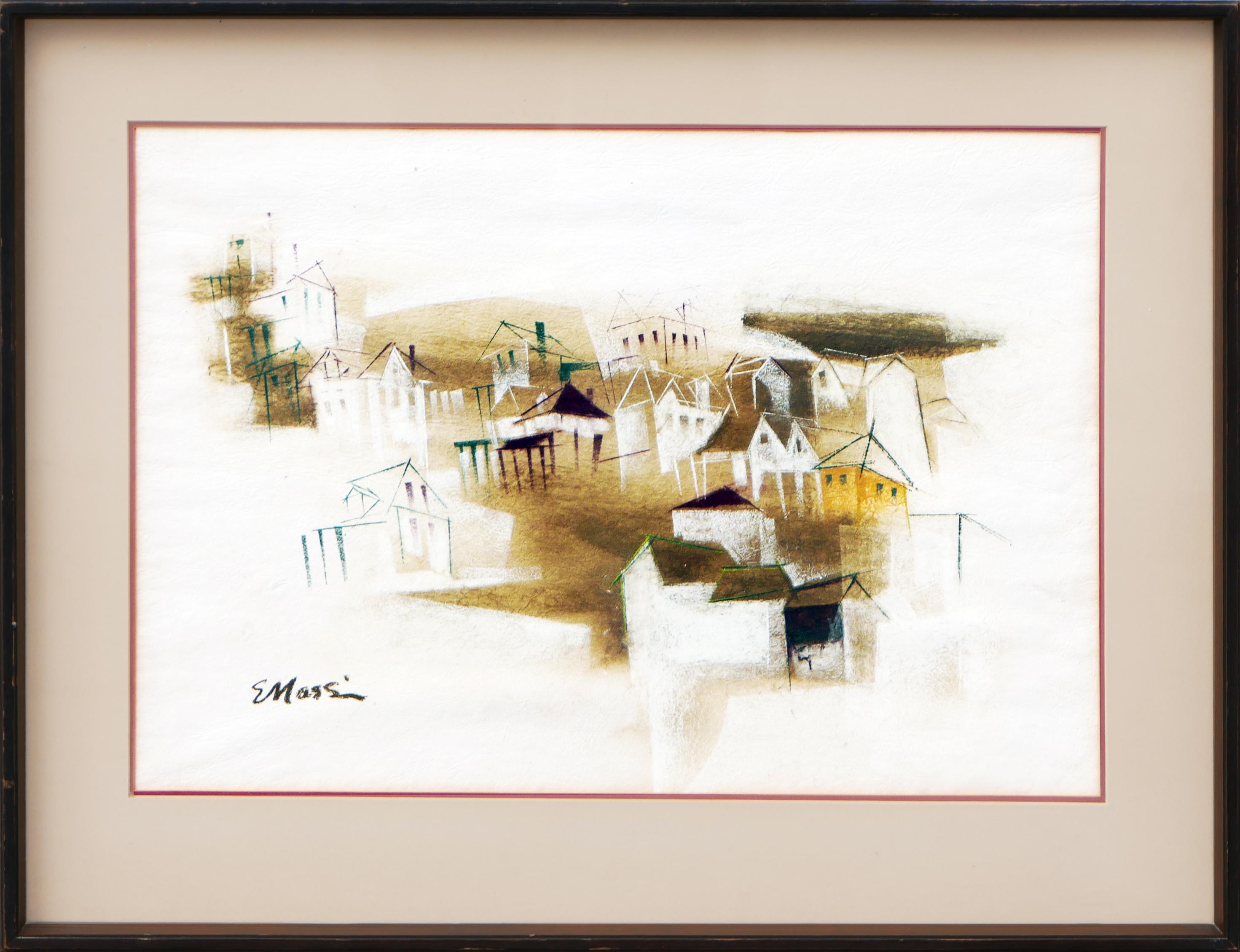 Eugene Massin Abstract Drawing - Modern Minimalist Ochre and White Toned Abstract City Landscape Pastel Drawing