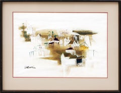 Modern Minimalist Ochre and White Toned Abstract City Landscape Pastel Drawing