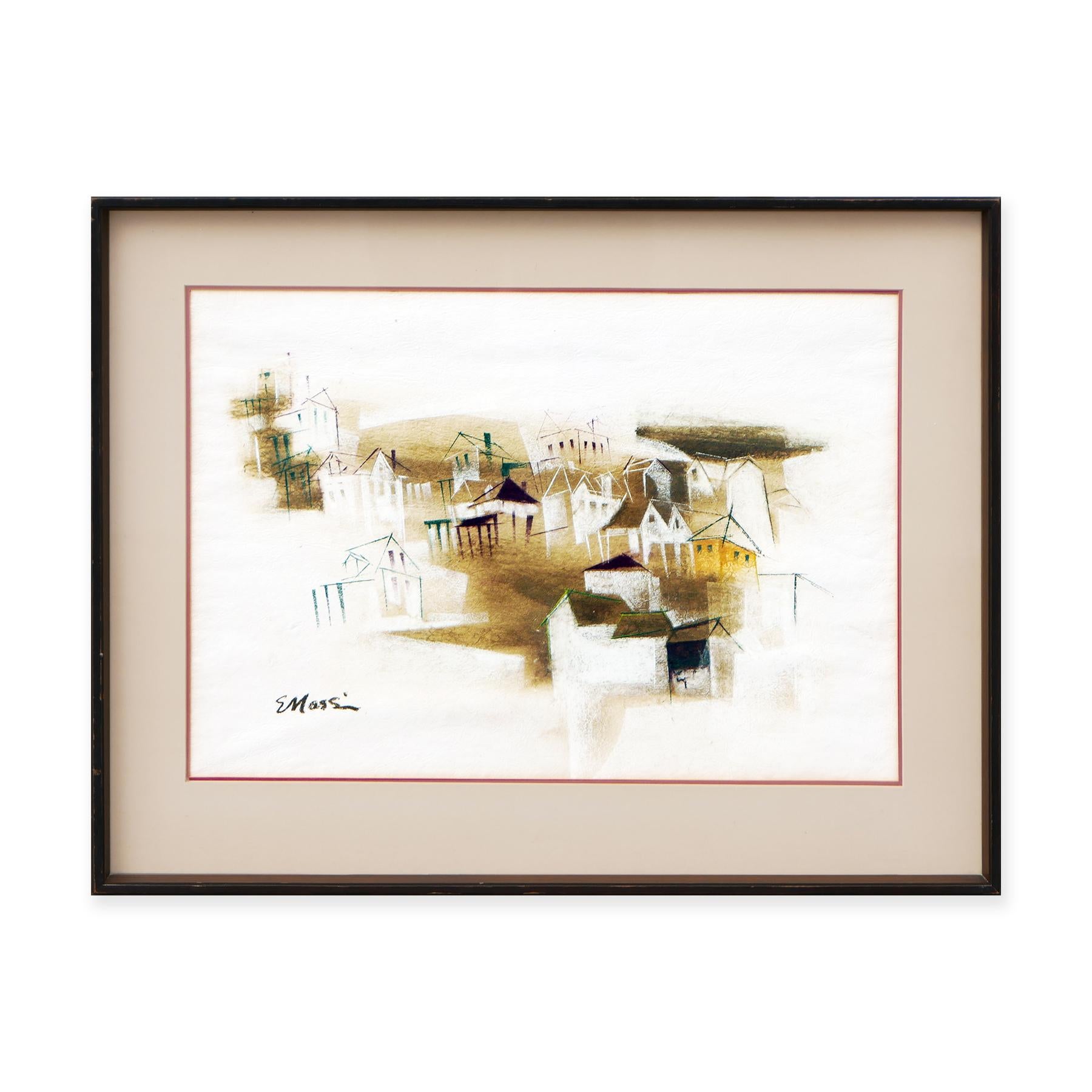 Modern Minimalist Ochre and White Toned Abstract City Landscape Pastel Drawing - Art by Eugene Massin