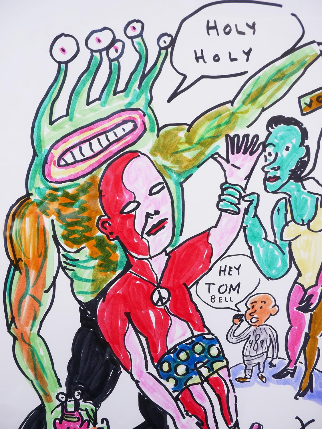 Abstract pen and marker drawing by contemporary Texas artist Daniel Dale Johnston. The work features a trio of surreal, cartoonish figures with word bubbles such as 