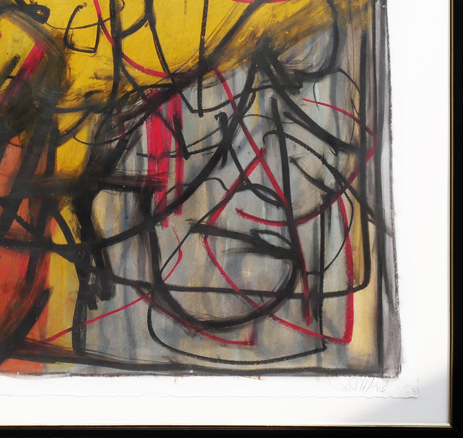 Modern abstract expressionist drawing by Houston, TX artist Bob Russell. The work features layers of red, yellow, grey, and black abstract shapes and expressive lines. Inspired by the loose, energetic work of Cy Twombly. Signed and dated in the