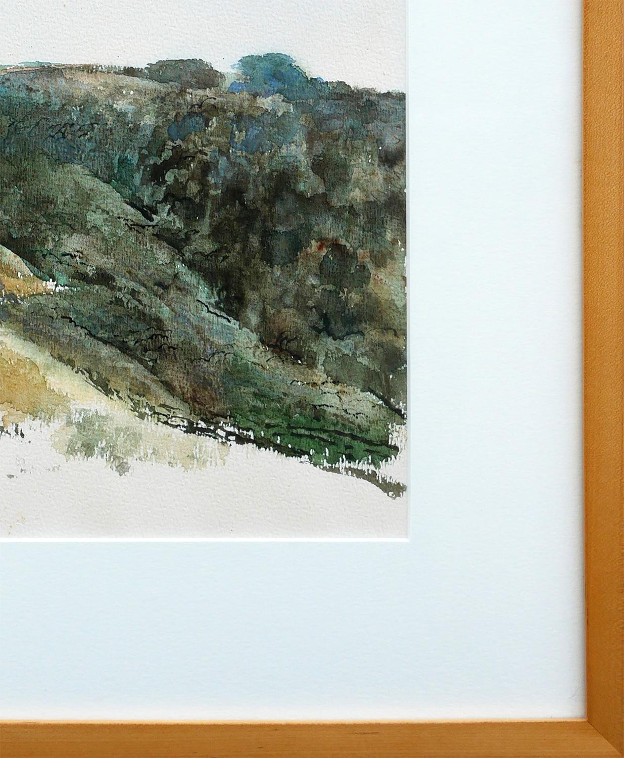 Modern Abstract Vertical Rich Green Toned Watercolor Mountain Landscape - Gray Abstract Drawing by Edsel Cramer