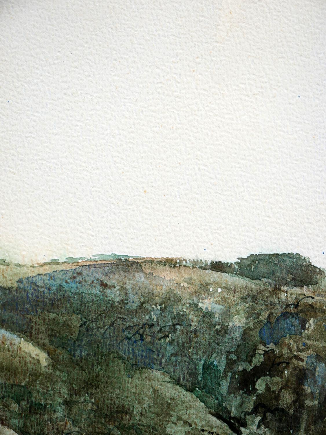 Modern abstract landscape by Houston, TX artist Edsel Cramer. The work features a loosely rendered mountain landscape in rich green tones. Currently hung in a light natural wood frame with a white matting. More works in this series are available.