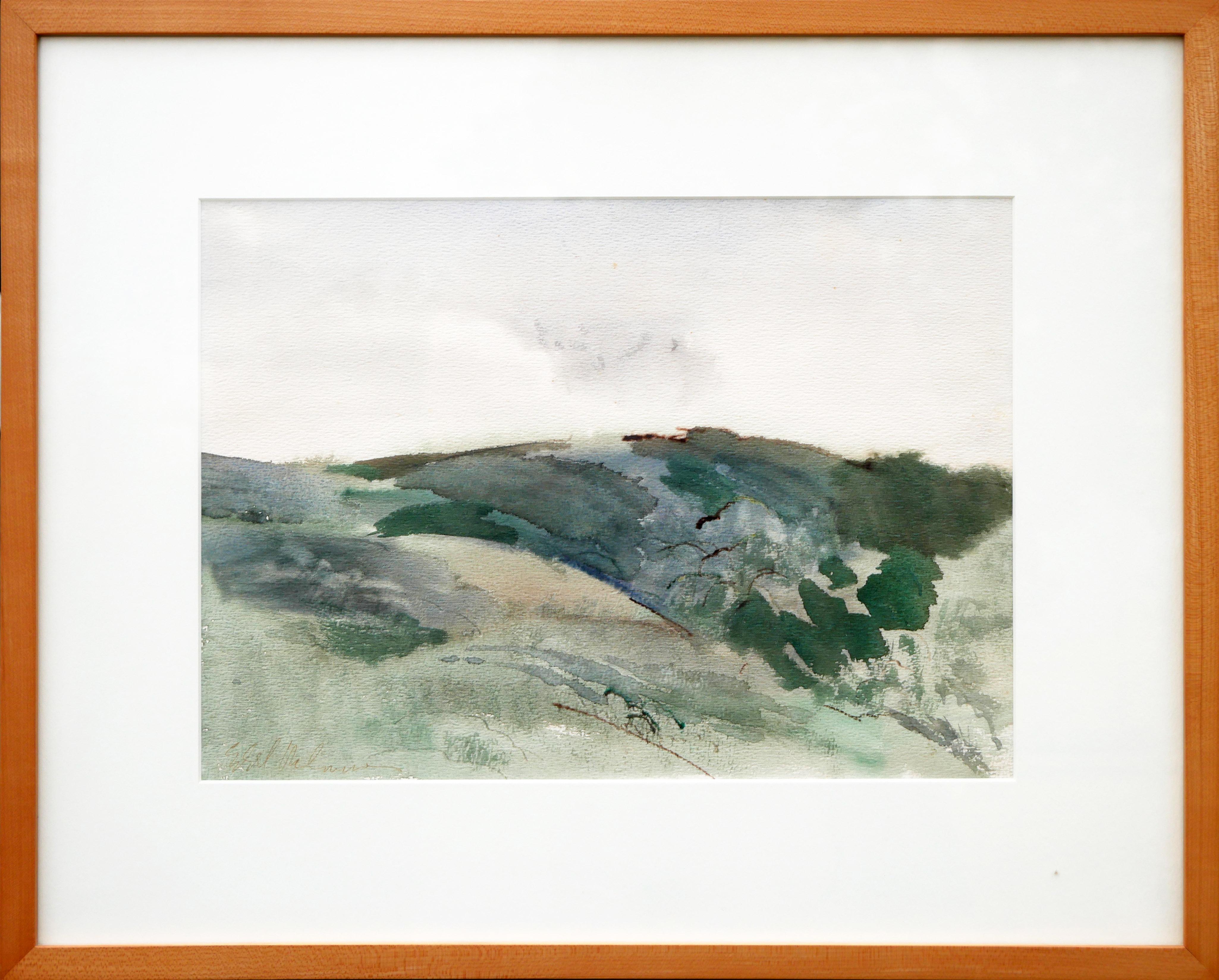 Edsel Cramer Abstract Drawing - Modern Abstract Muted Pastel Green Toned Watercolor Mountain Landscape