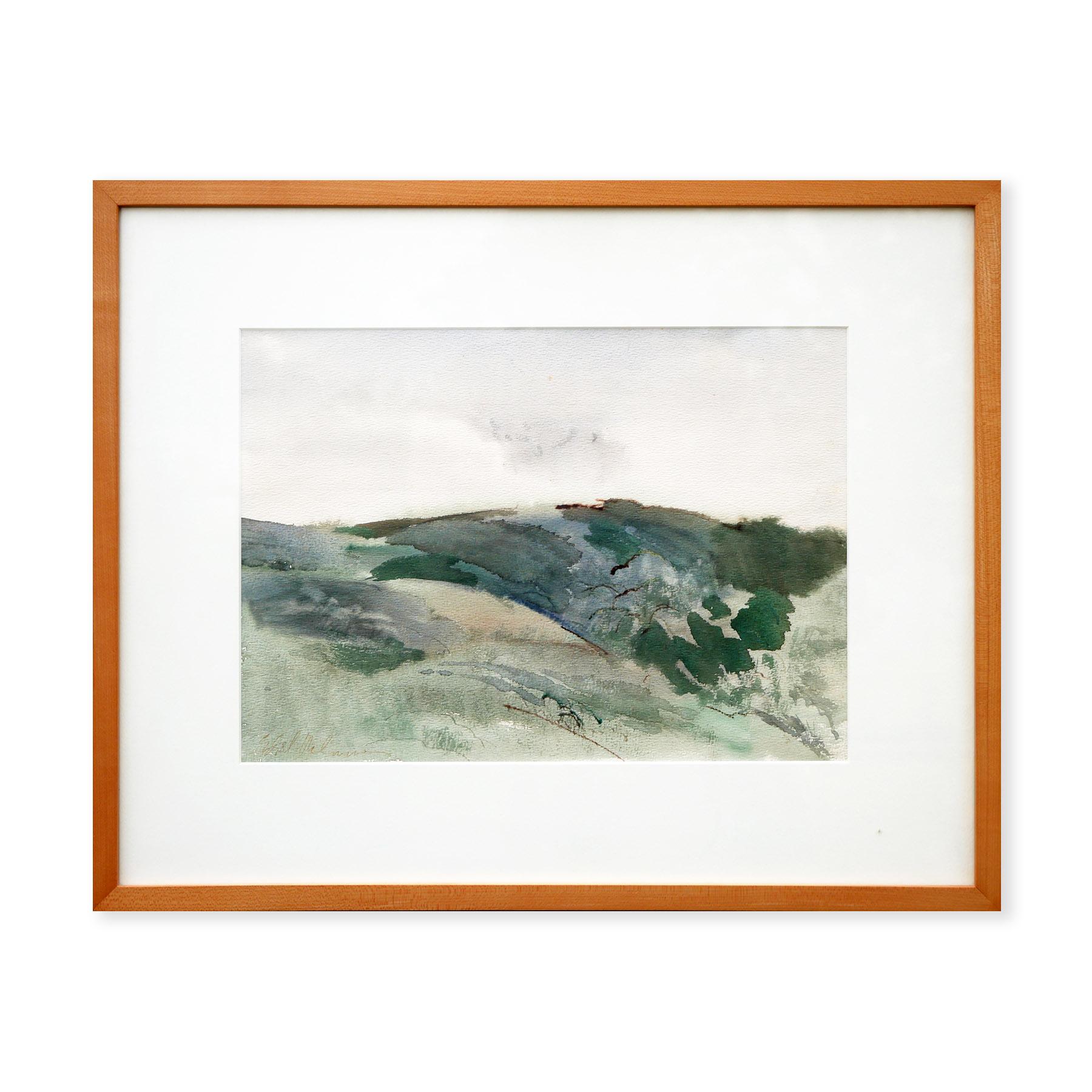 Modern Abstract Muted Pastel Green Toned Watercolor Mountain Landscape - Art by Edsel Cramer