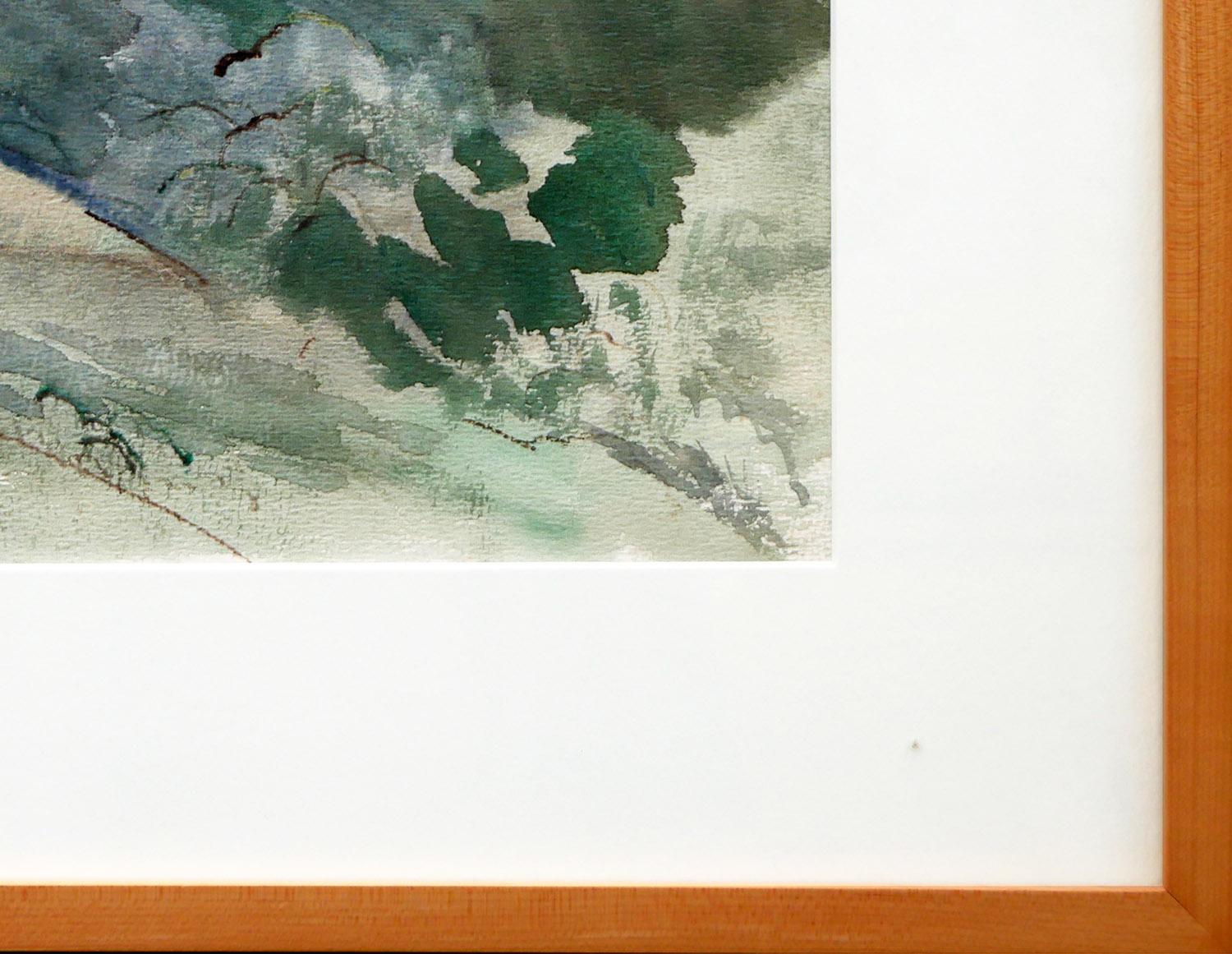 Modern abstract landscape by Houston, TX artist Edsel Cramer. The work features a loosely rendered mountain landscape in muted pastel green tones. Signed in front lower left corner. Currently hung in a light natural wood frame with a white matting.