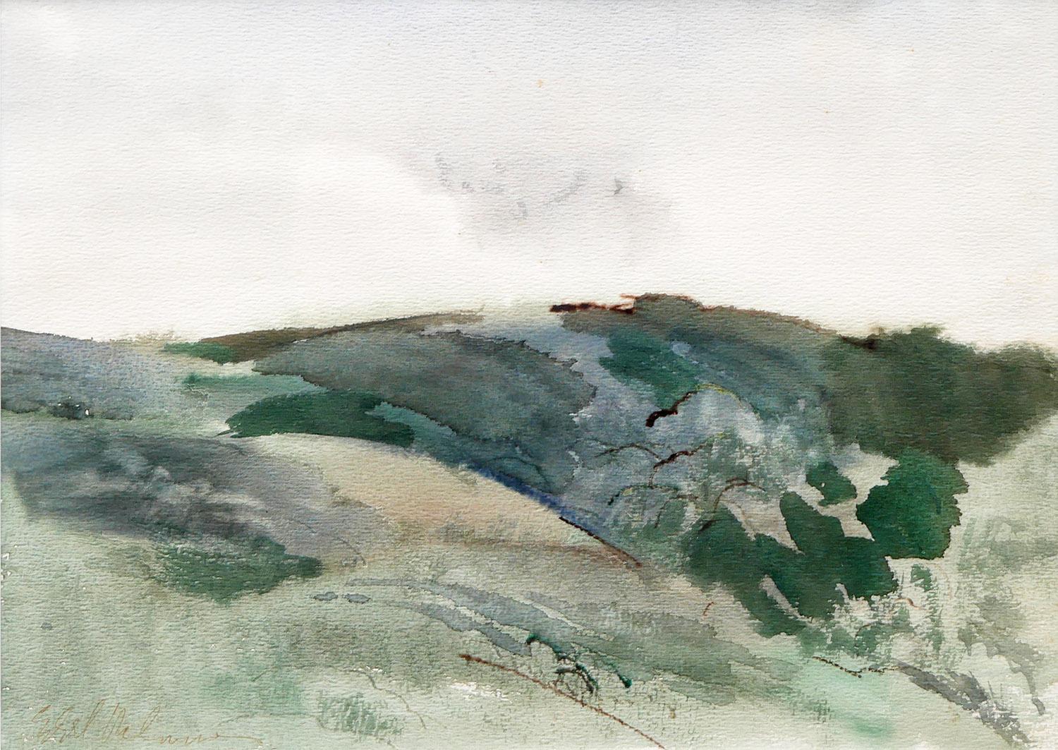Modern Abstract Muted Pastel Green Toned Watercolor Mountain Landscape 2