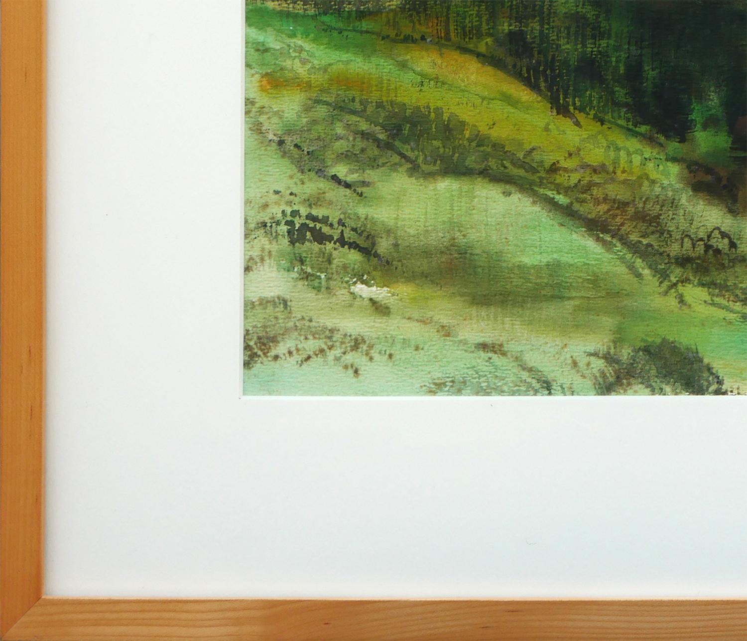 Modern Abstract Dark Green Toned Watercolor Pastoral Mountain Landscape - Gray Abstract Drawing by Edsel Cramer