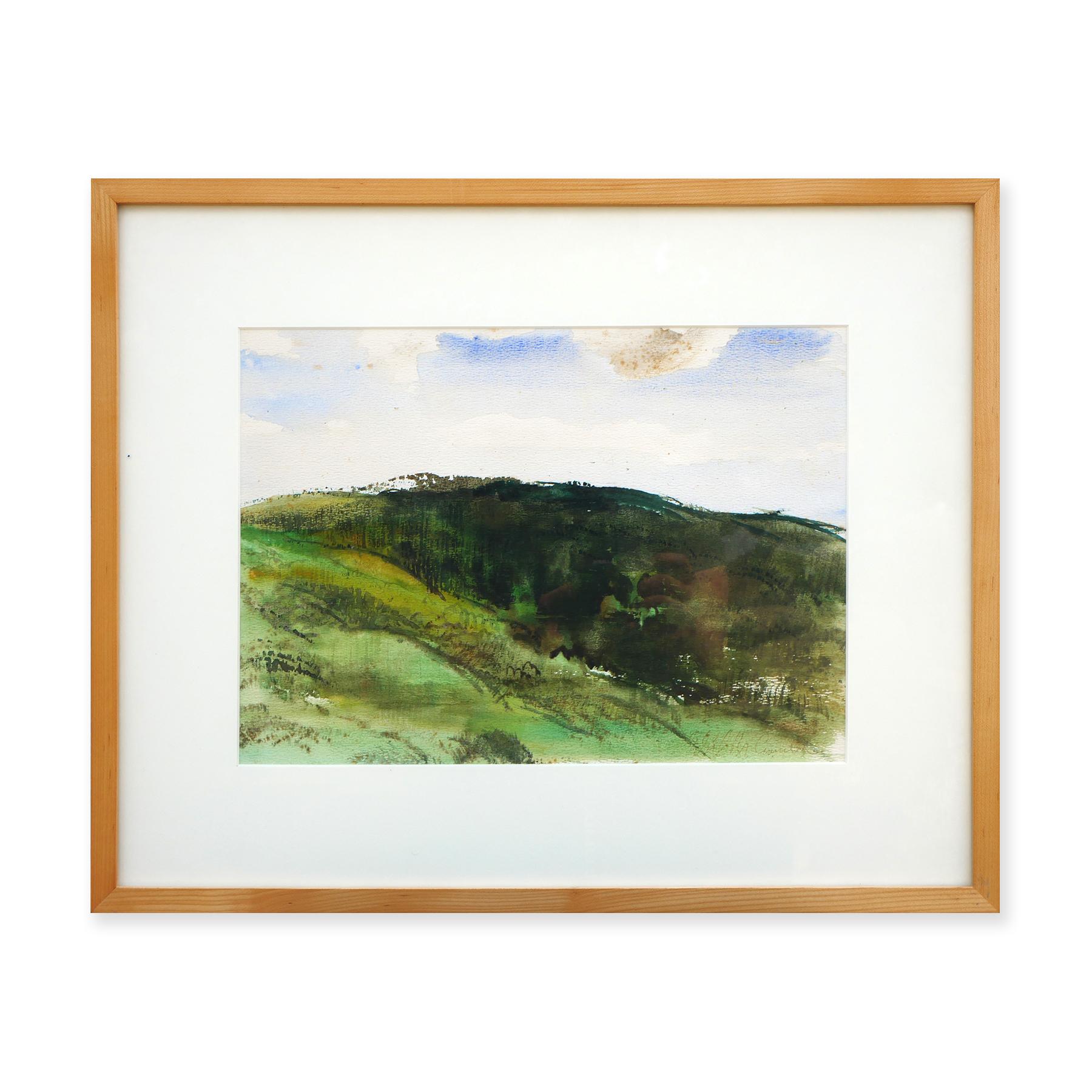 Modern Abstract Dark Green Toned Watercolor Pastoral Mountain Landscape - Art by Edsel Cramer