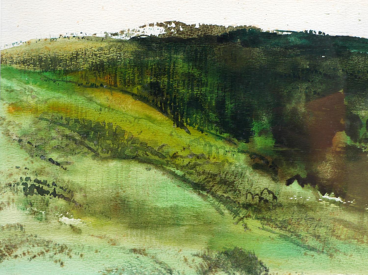 Modern Abstract Dark Green Toned Watercolor Pastoral Mountain Landscape 2