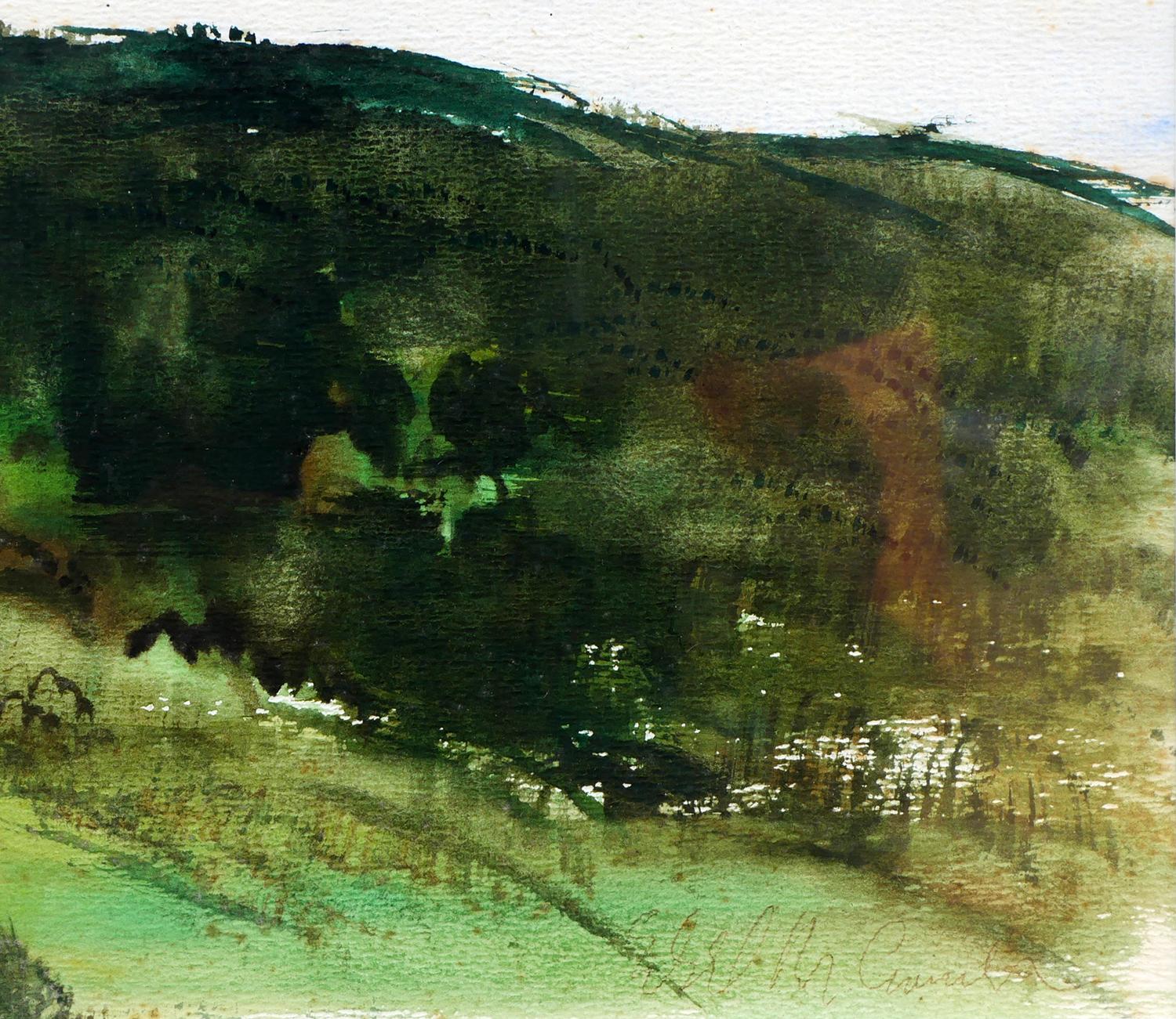 Modern Abstract Dark Green Toned Watercolor Pastoral Mountain Landscape 3