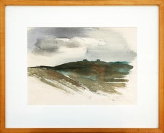 Modern Abstract Muted Green Toned Watercolor Painting of a Stormy Landscape