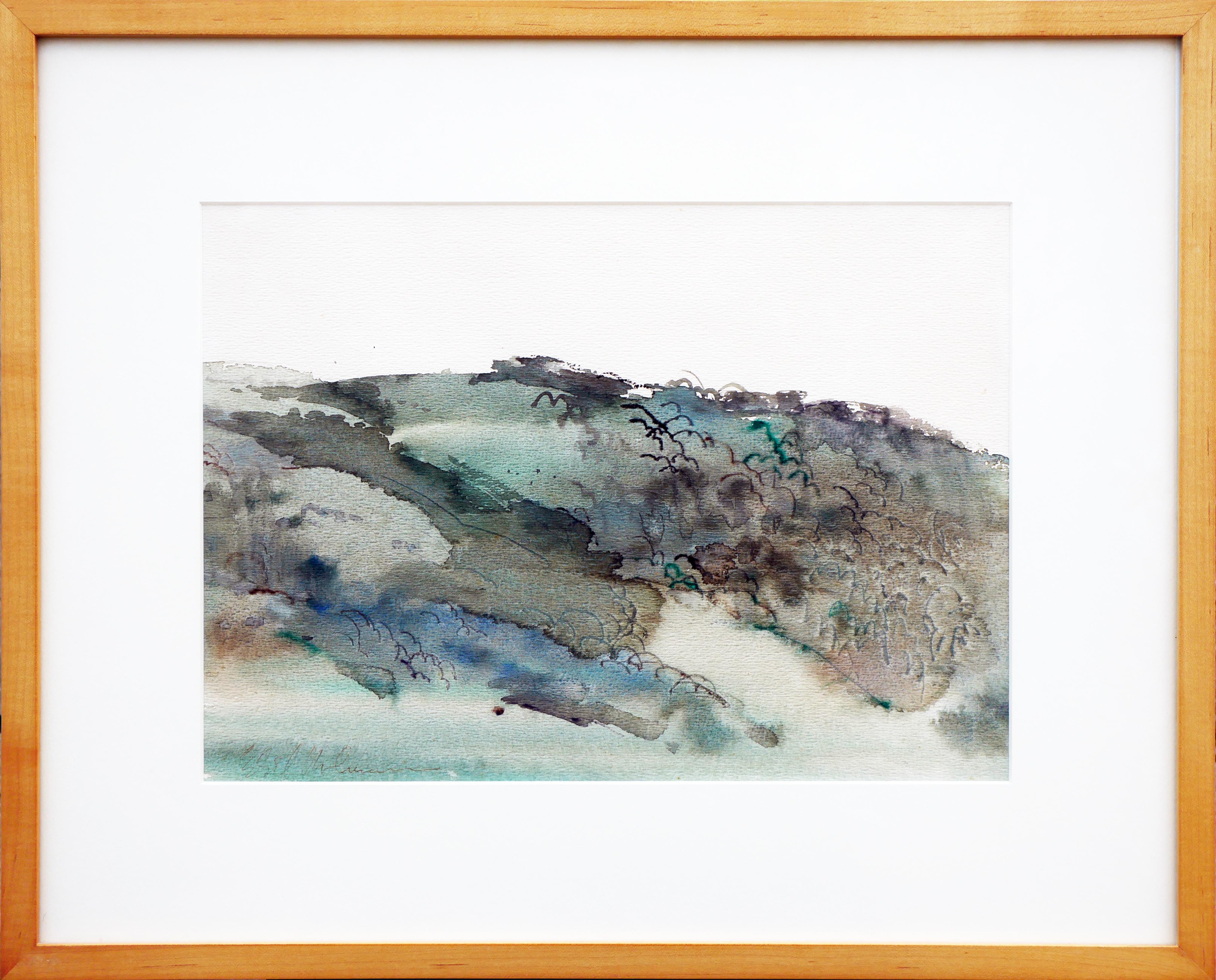Edsel Cramer Abstract Drawing - Modern Abstract Green and Blue Pastel Toned Watercolor Mountain Landscape