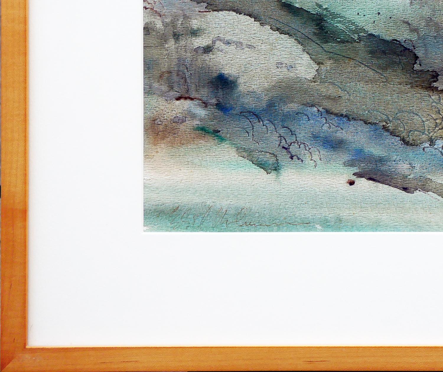 Modern abstract landscape by Houston, TX artist Edsel Cramer. The work features a loosely rendered mountain landscape in pastel green and blue tones. Signed in the front lower left corner. Currently hung in a light natural wood frame with a white