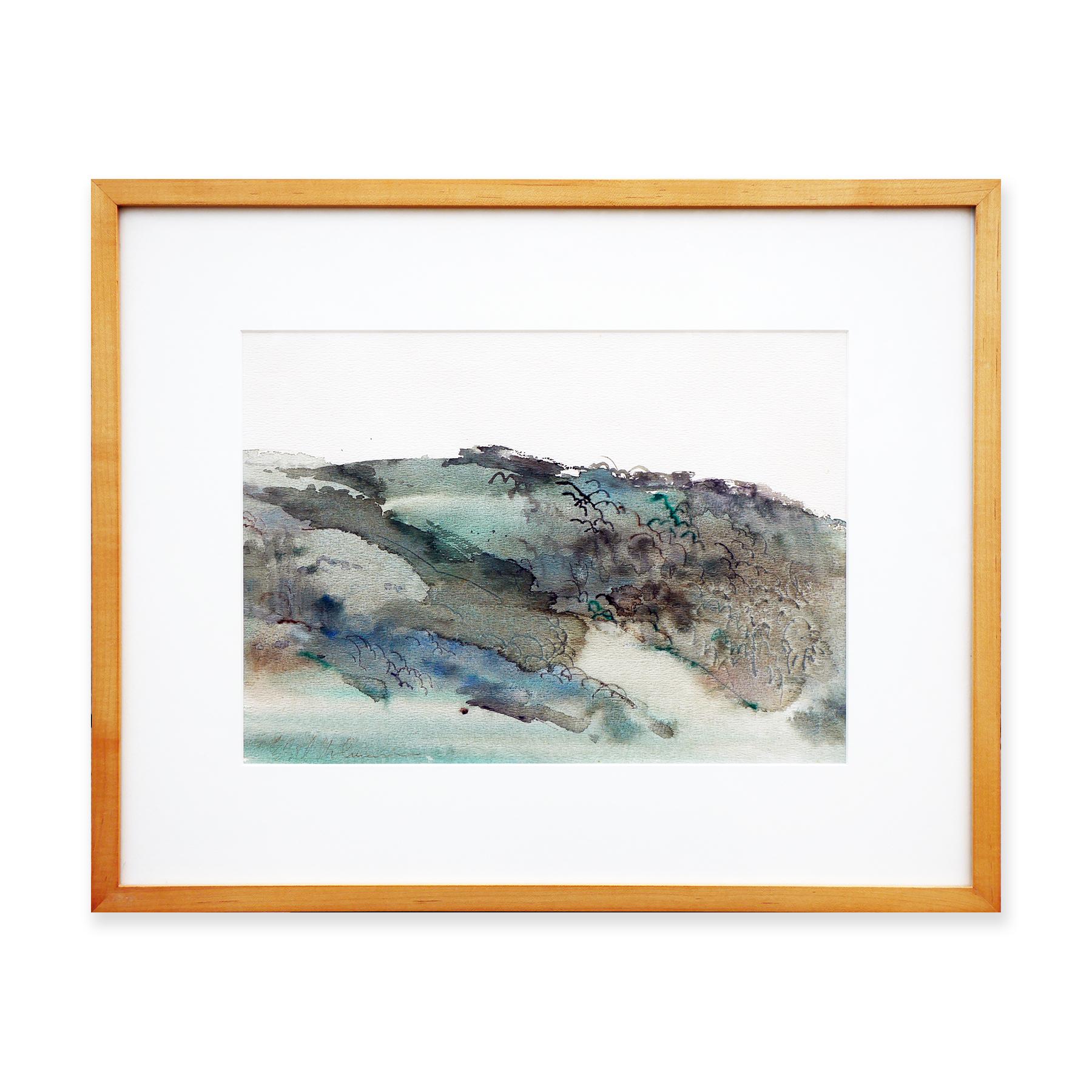 Modern Abstract Green and Blue Pastel Toned Watercolor Mountain Landscape - Art by Edsel Cramer