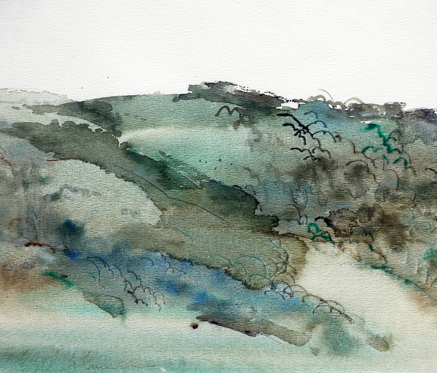 Modern Abstract Green and Blue Pastel Toned Watercolor Mountain Landscape 2