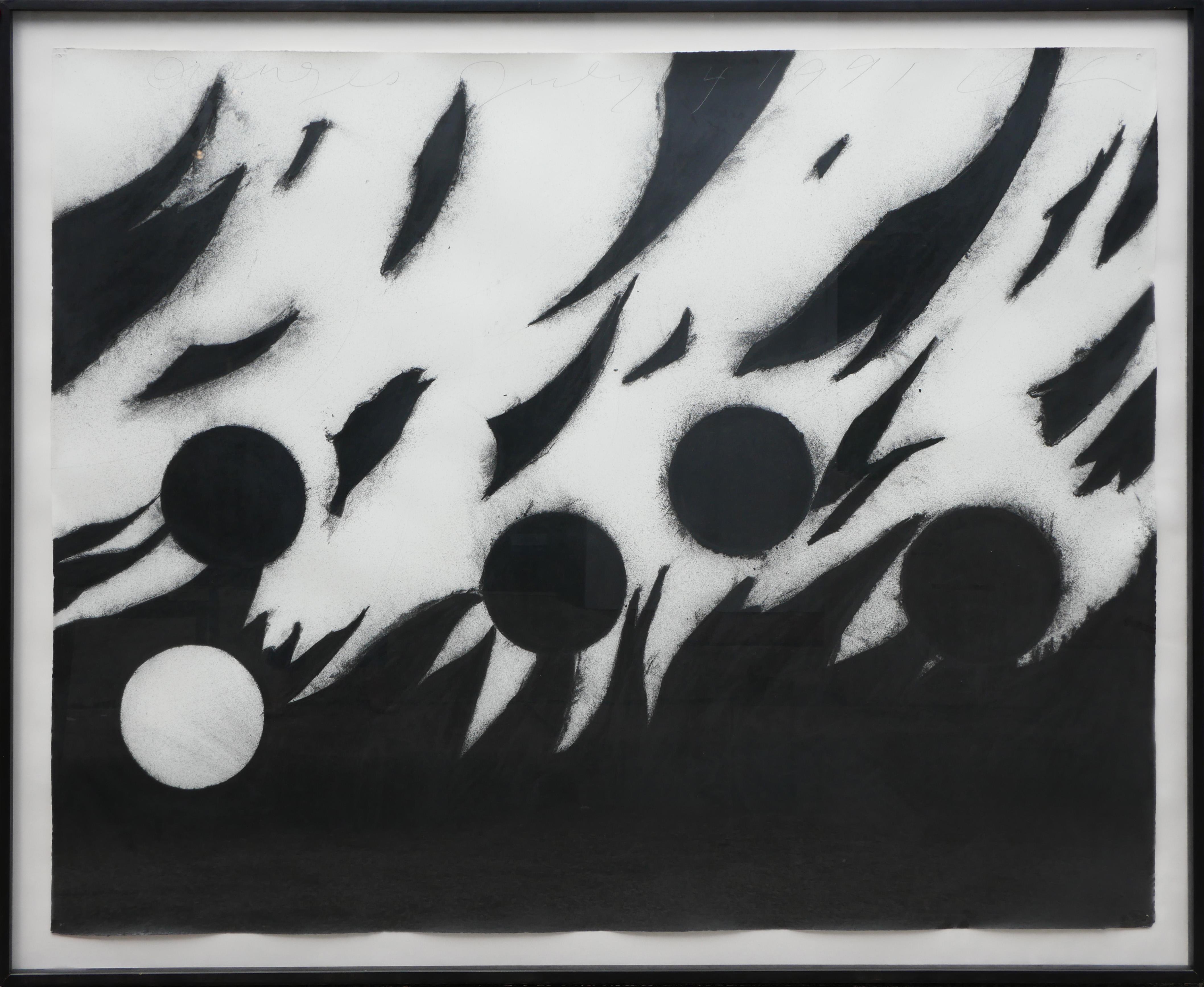Donald Sultan Abstract Drawing – ""Oranges 4. Juli 1991" Moderne abstrakte geometrische Schwarz-Weiß-Charkoladen-Zeichnung