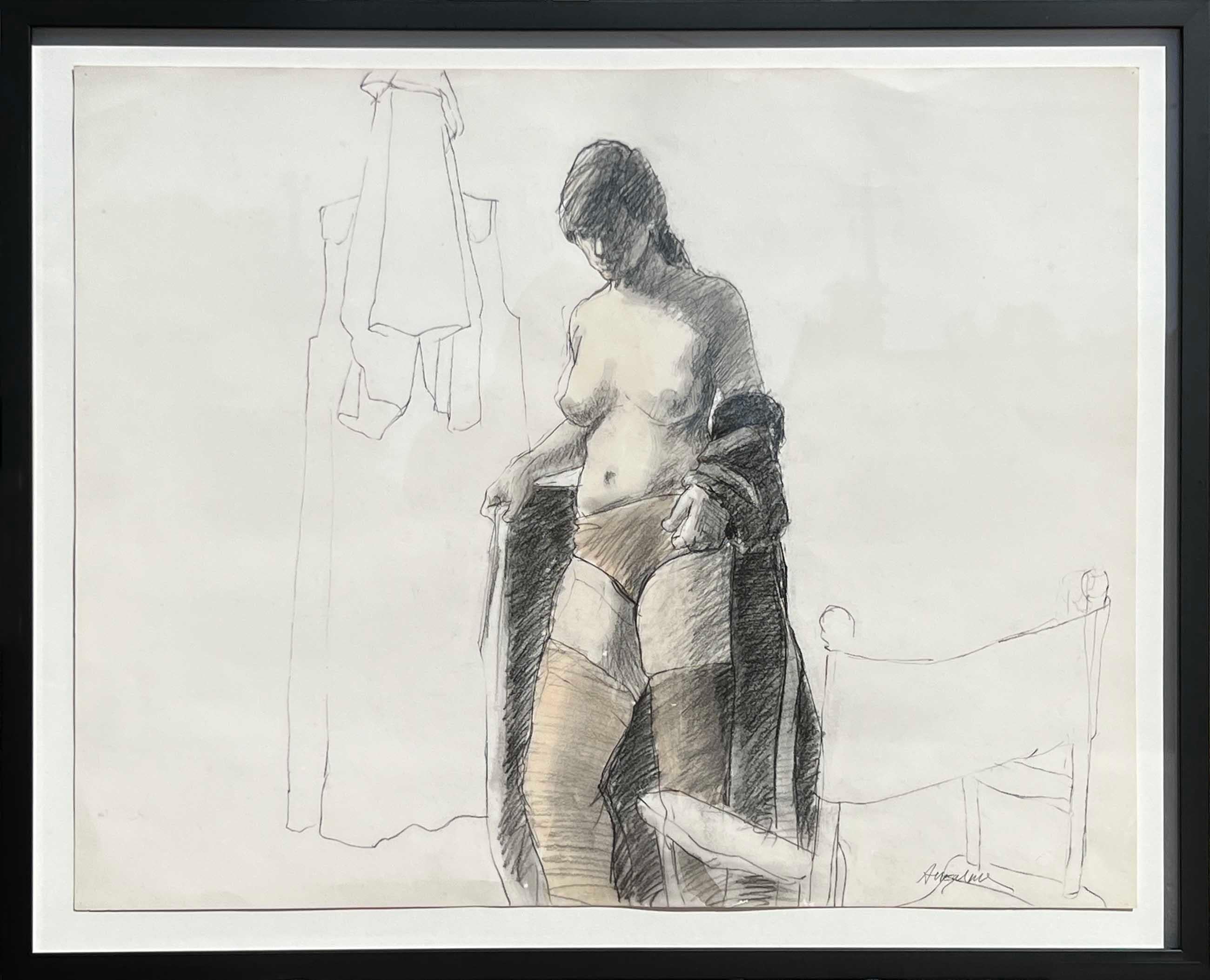 Dessin figuratif abstrait en noir et blanc en technique mixte d'un nu féminin