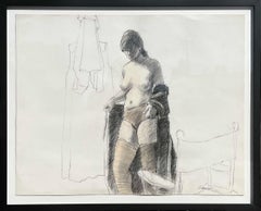 Vintage Black and White Abstract Figurative Mixed Media Drawing of a Female Nude