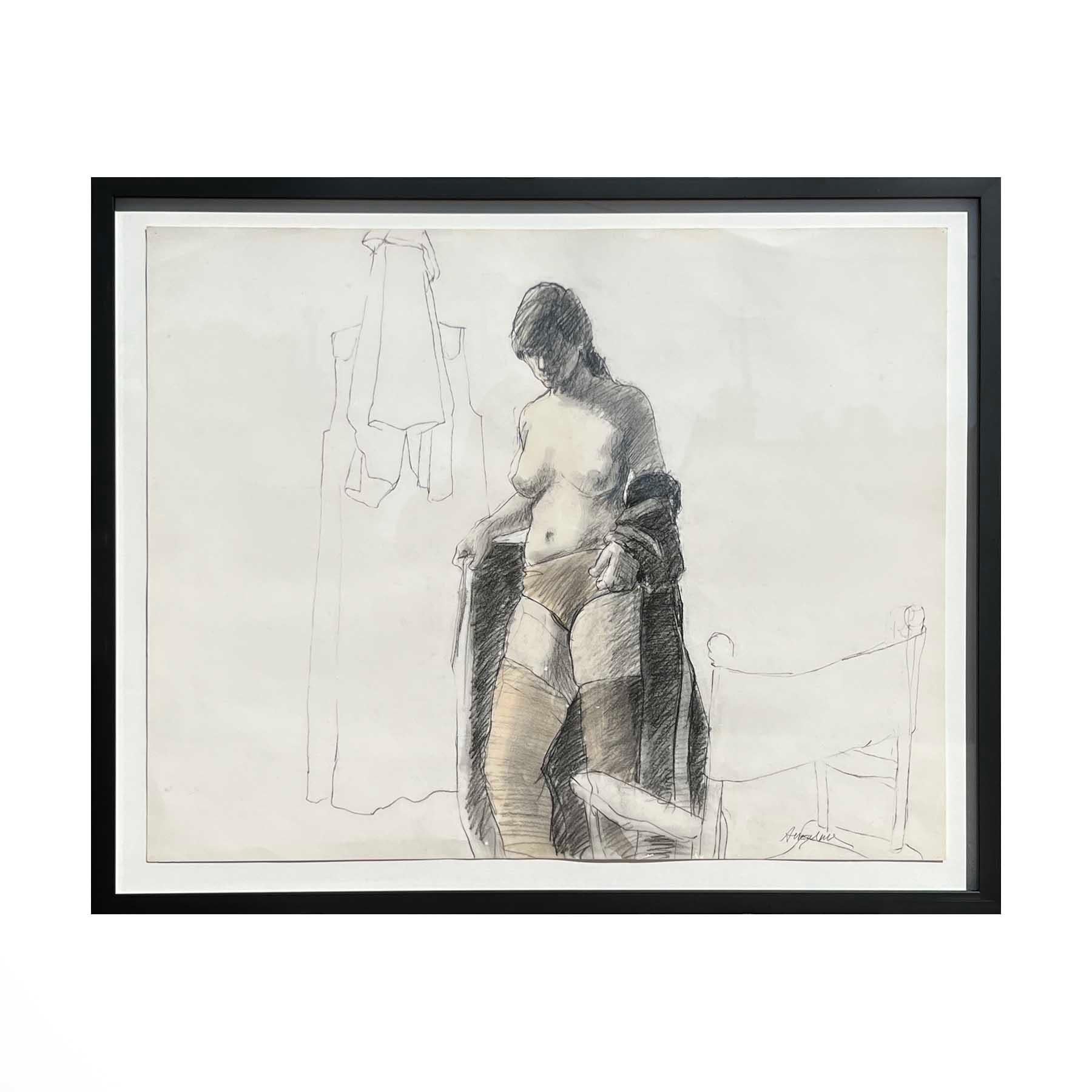 Abstrakte figurative Mixed-Media-Zeichnung eines weiblichen Aktes in Schwarz und Weiß – Art von William Anzalone