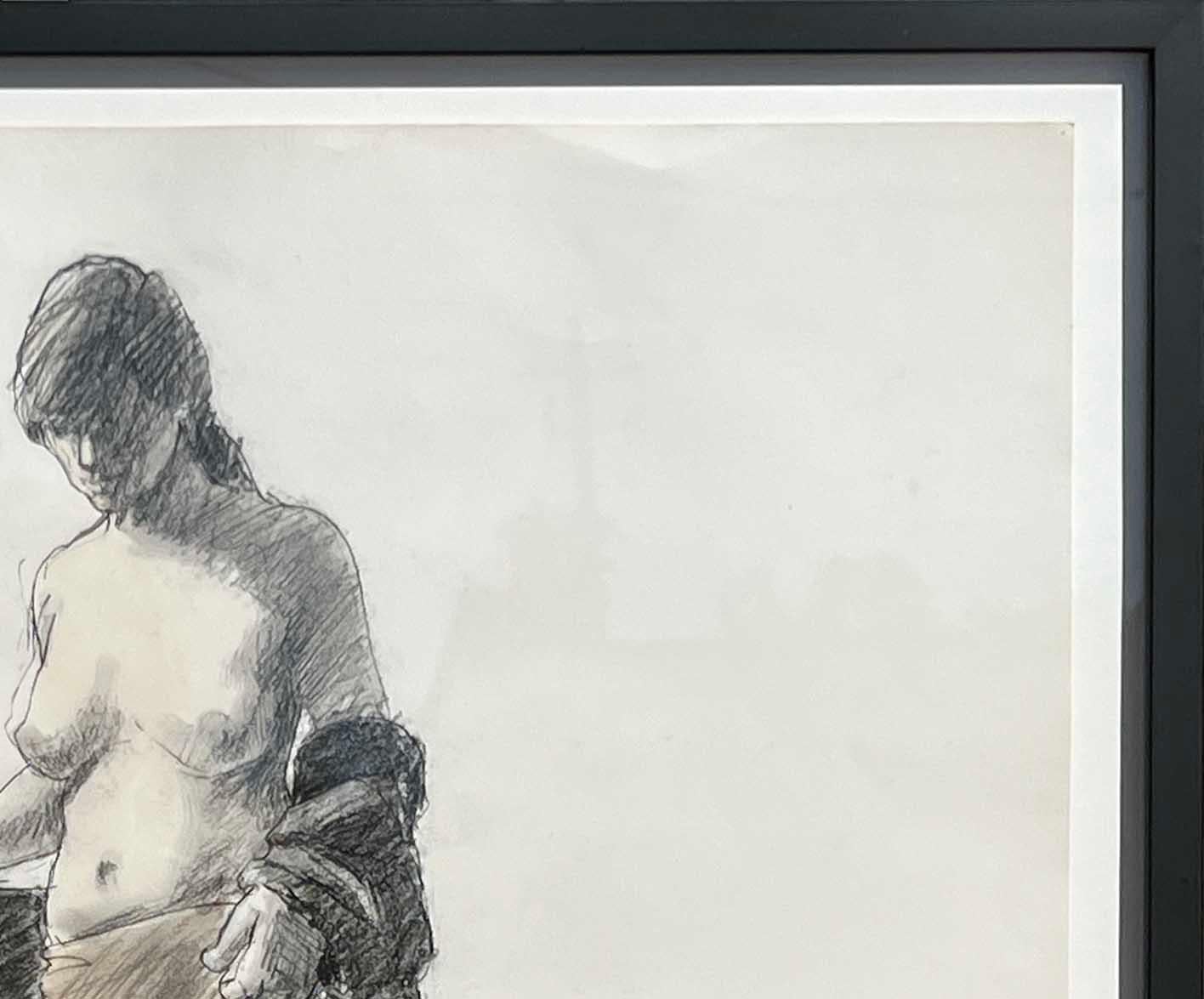 Black and white figurative drawing by Texas artist William Anzalone. The drawing depicts a nude woman in solitude taking off her robe. Signed by the artist at the bottom right. Framed in a beautiful black modern frame. 

Dimensions Without Frame: H