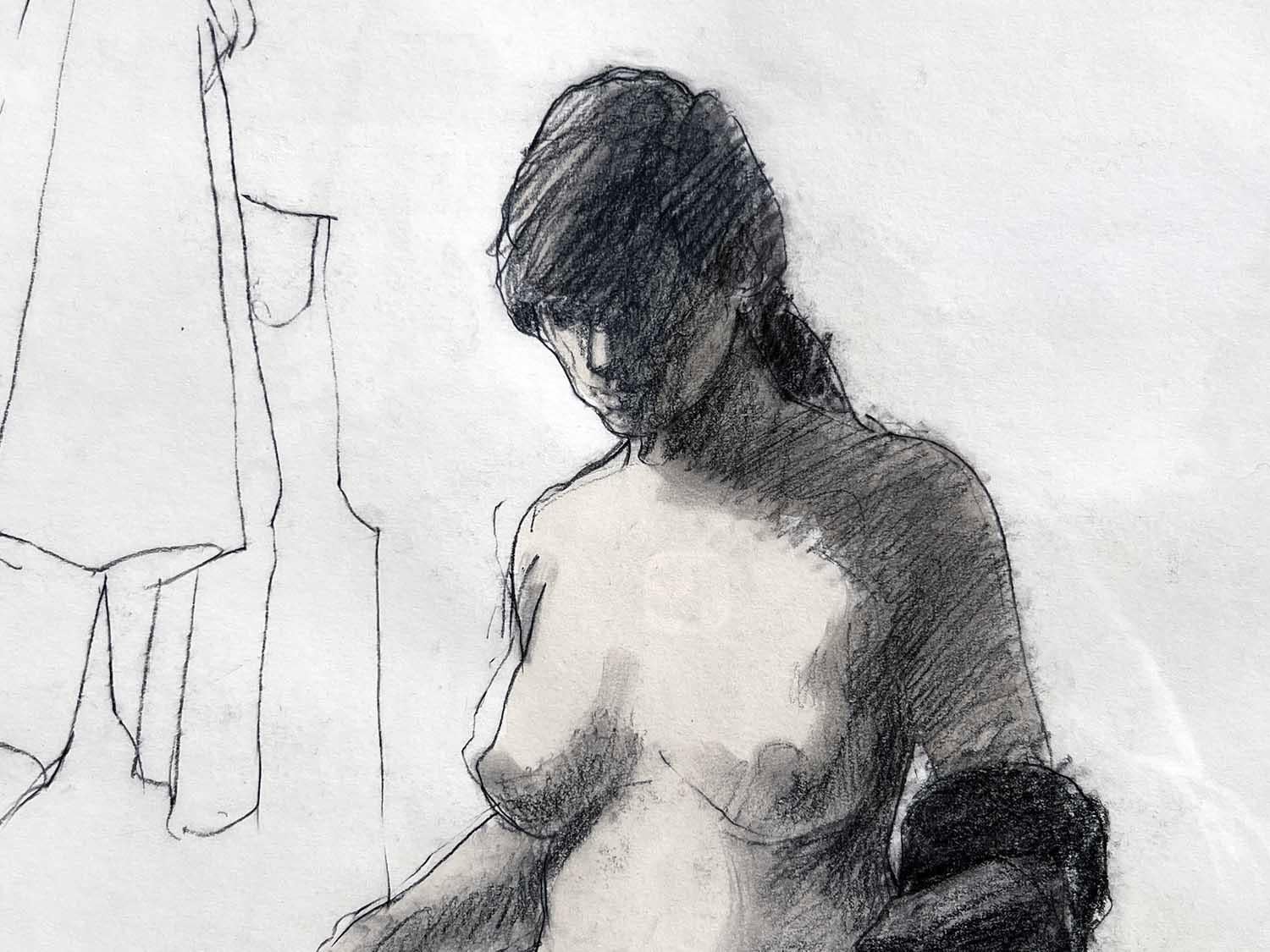 Dibujo figurativo abstracto en blanco y negro de un desnudo femenino en técnica mixta en venta 1