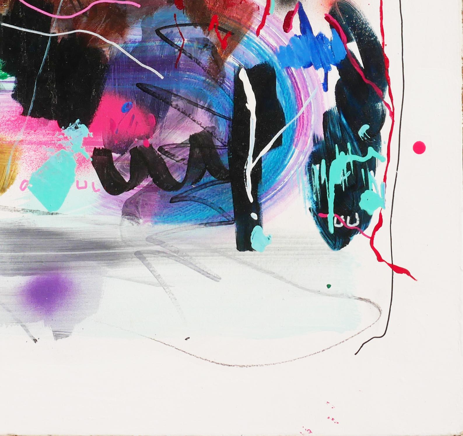 Colorato dipinto astratto contemporaneo a tecnica mista dell'artista di Houston, Texas, David Hardaker. Questo quadro presenta forme astratte dai colori vivaci e varie pennellate espressioniste su uno sfondo bianco e pulito. I lati del dipinto sono
