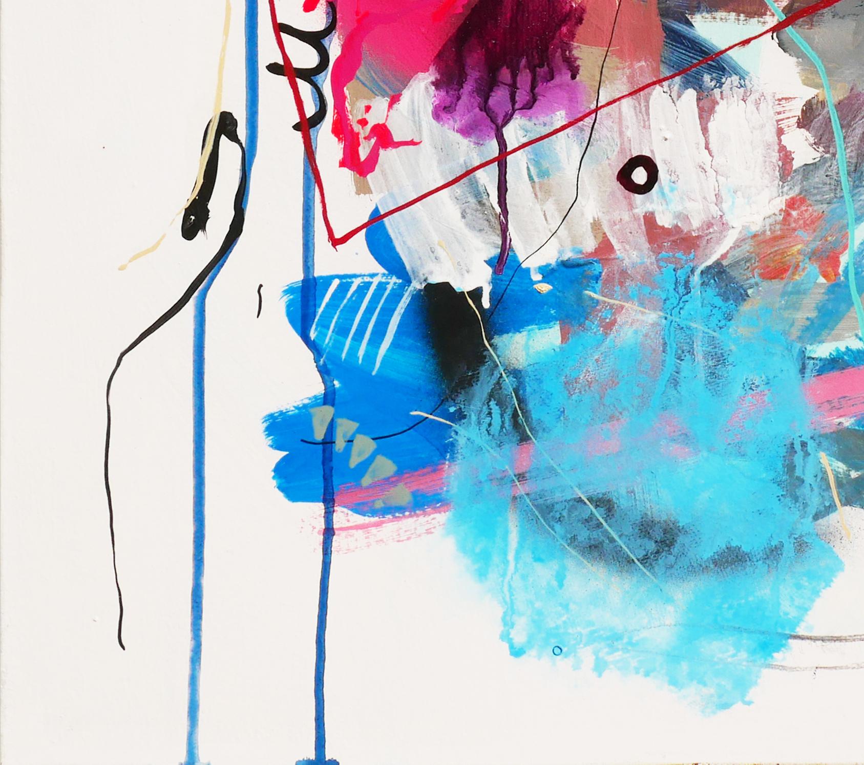 Peinture abstraite et colorée de l'artiste David Hardaker de Houston, Texas. Cette peinture présente des formes abstraites aux couleurs vives et divers coups de pinceau expressionnistes sur un fond blanc propre. Les côtés de la peinture sont