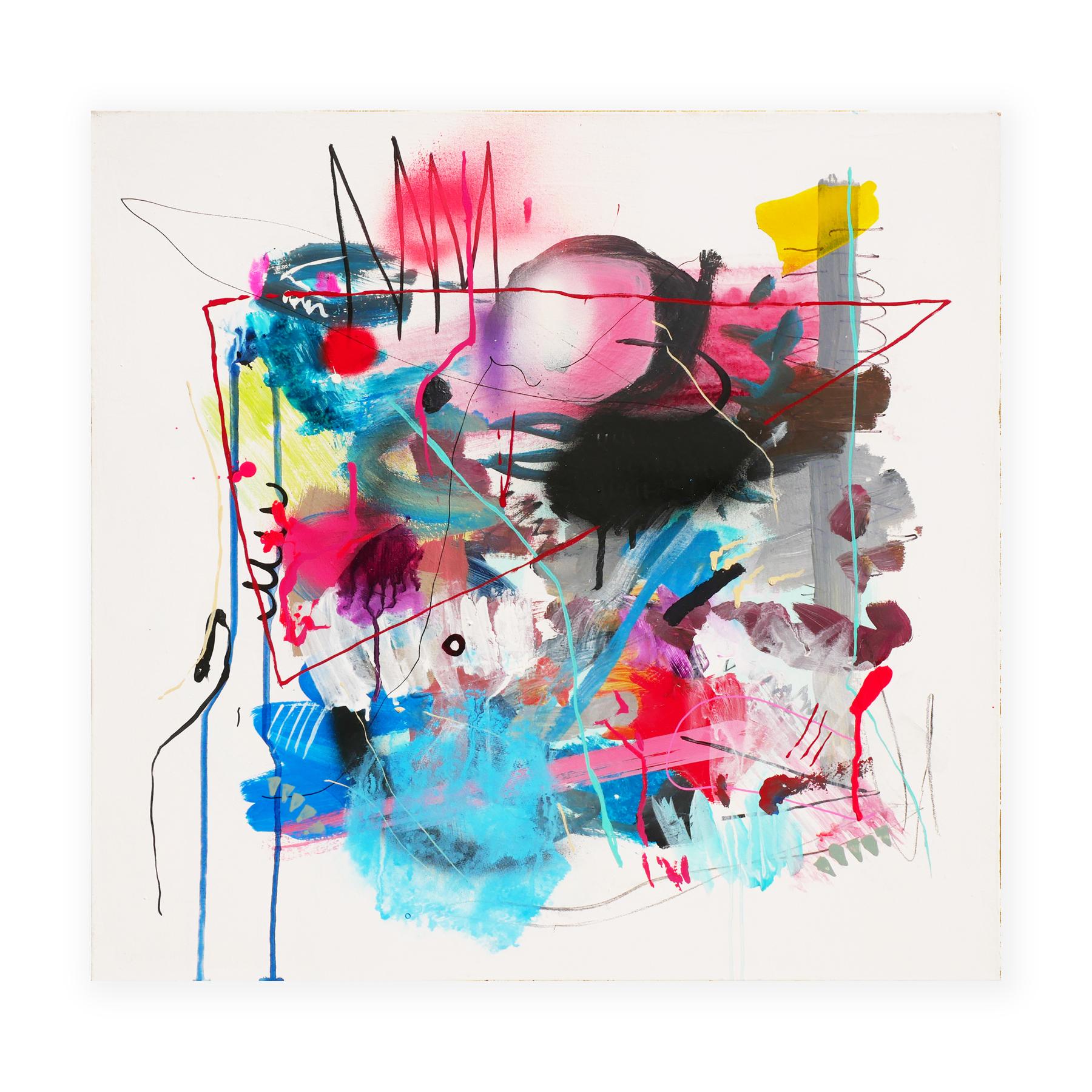 Colorful abstract contemporary mixed media painting by Houston, Texas artist David Hardaker. This painting features bright colorful abstracted shapes and various expressionist brushstrokes against a clean white background. Sides of the painting are