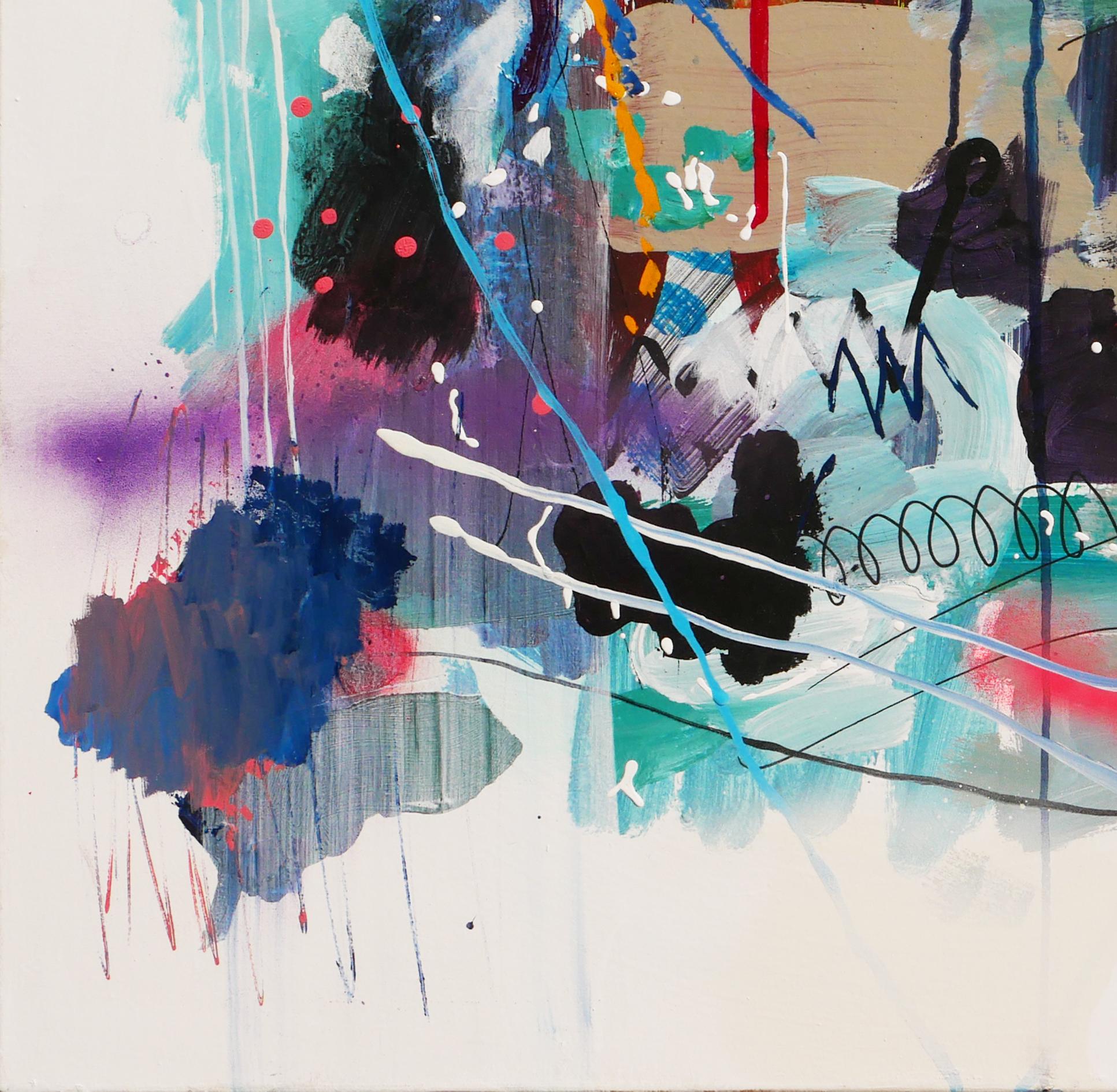 Peinture abstraite et colorée de l'artiste David Hardaker de Houston, Texas. Cette peinture présente des formes abstraites aux couleurs vives et divers coups de pinceau expressionnistes sur un fond blanc propre. Les côtés de la peinture sont