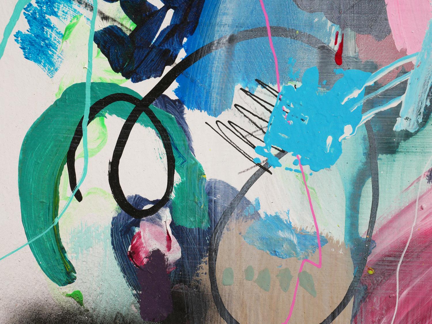 Colorato dipinto astratto contemporaneo a tecnica mista dell'artista di Houston, Texas, David Hardaker. Questo quadro presenta forme astratte dai colori vivaci e varie pennellate espressioniste su uno sfondo bianco e pulito. I lati del dipinto sono