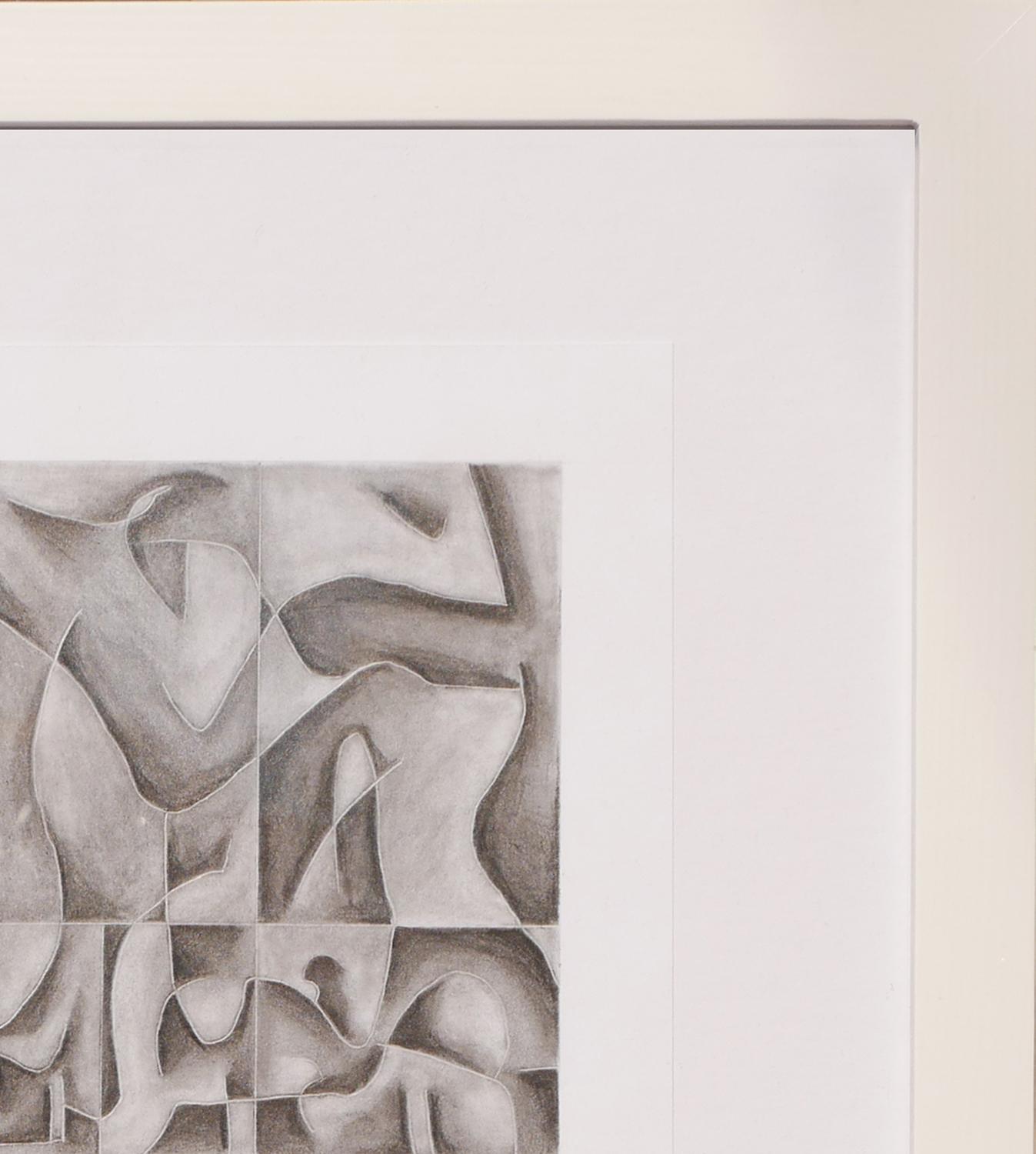 Abstrakte geometrische Zeichnung des Künstlers James McCahon. Diese Arbeit zeigt schwarze, graue und weiße rechteckige Formen mit abgerundeten abstrakten Kreisen und Linien. Signiert und datiert in der rechten unteren Ecke. Derzeit in einem