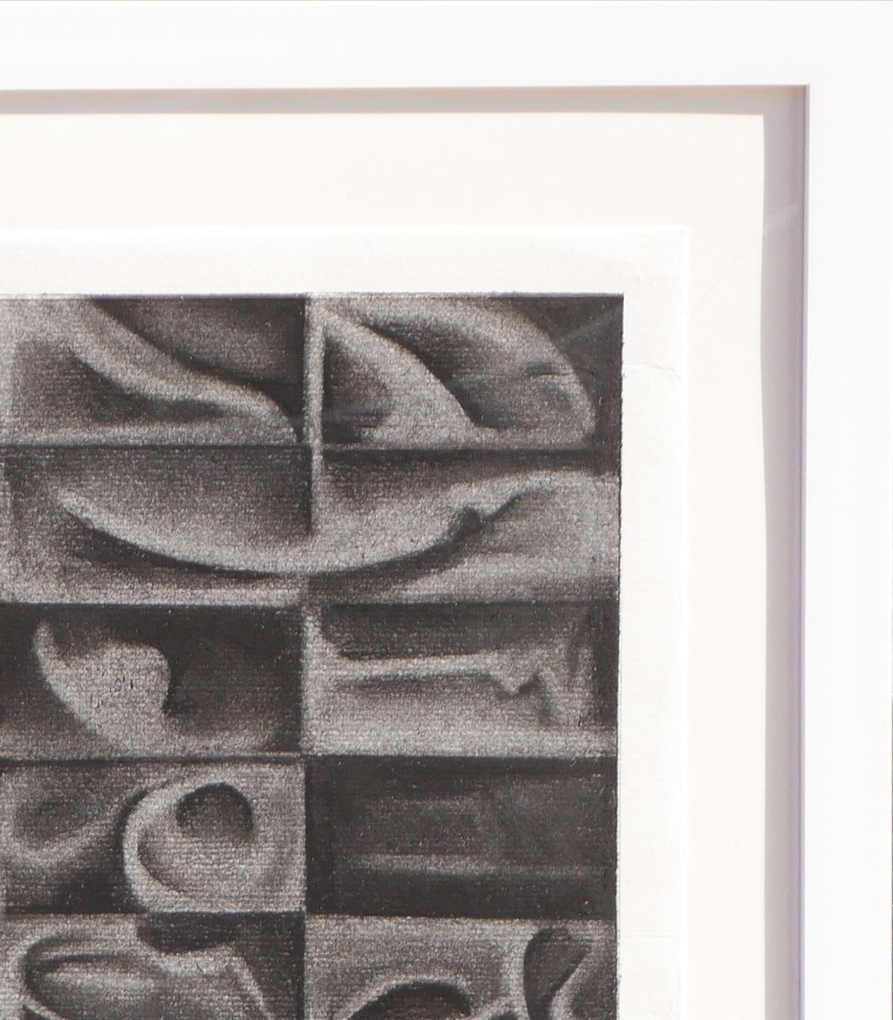 Contemporary black and white geometric charcoal drawing by artist James McCahon. This drawing features a balanced composition of rectangular shapes with rounded circles and lines. Signed and dated on the bottom right corner. Currently hung in a