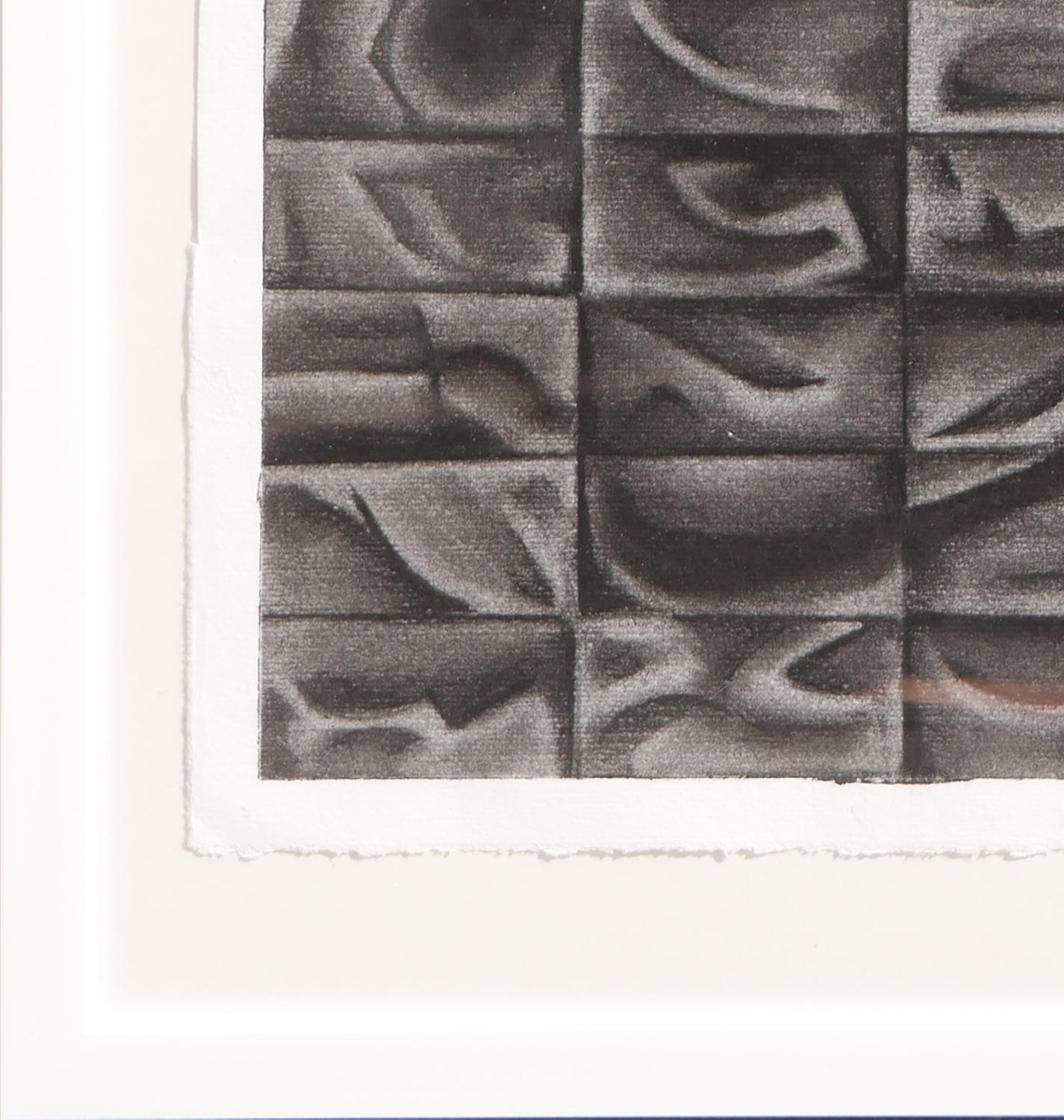 Dessin géométrique contemporain au fusain en noir et blanc de l'artiste James McCahon. Ce dessin présente une composition équilibrée de formes rectangulaires avec des cercles et des lignes arrondies. Signé et daté dans le coin inférieur droit.
